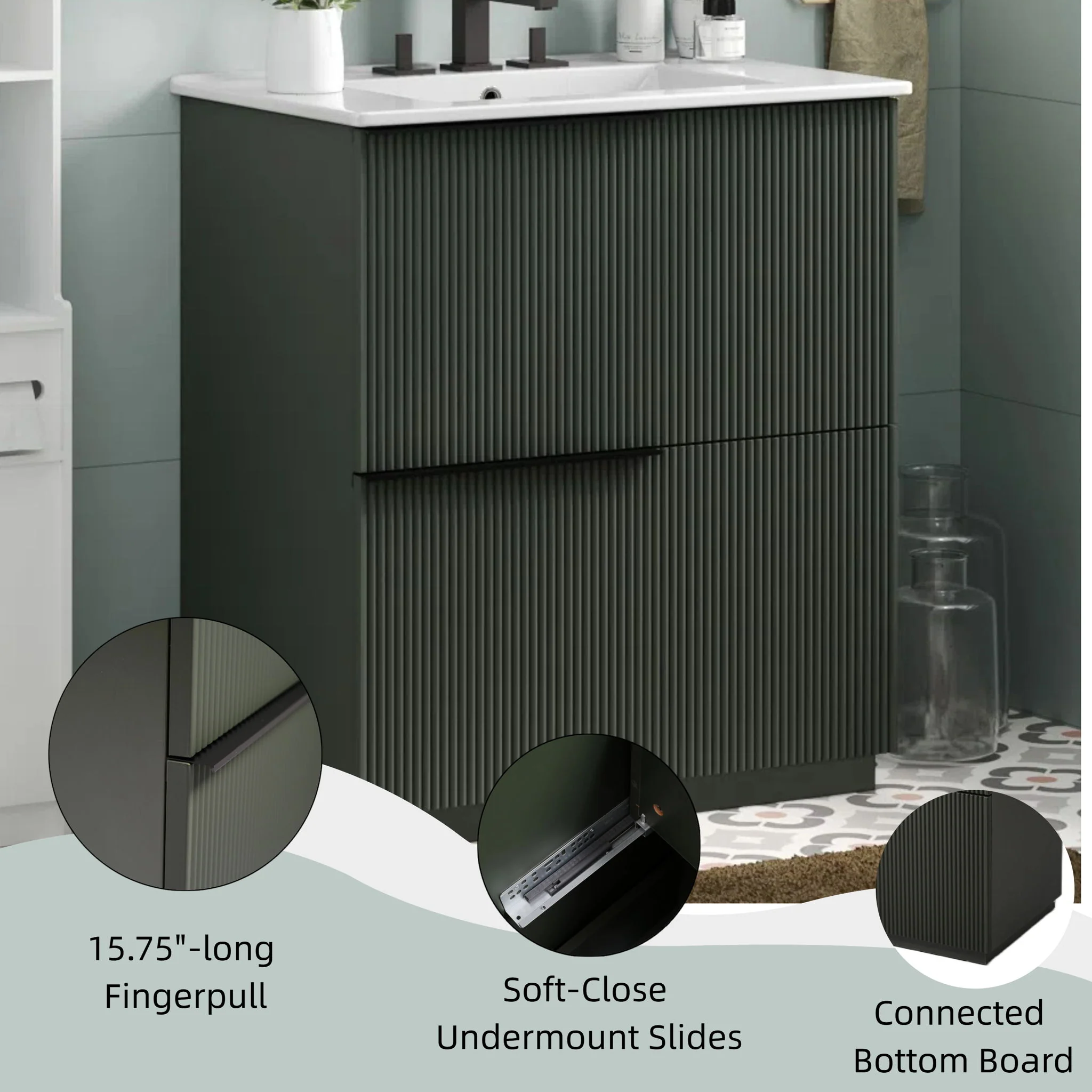 Fluted Bathroom Vanity With Ceramic Sink, Soft Close Slides - Image 7