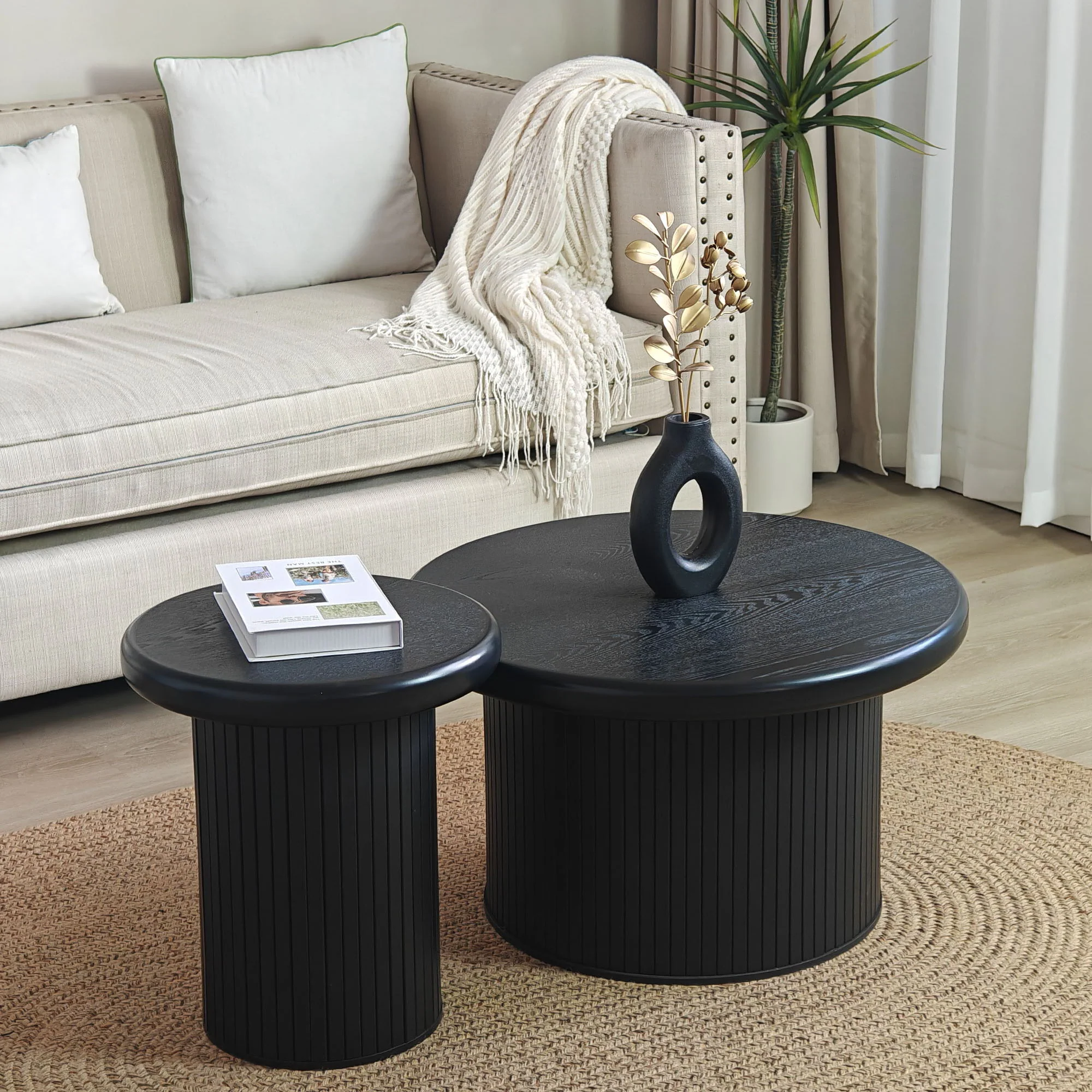 Fluted Cylinder Side Tables, Round End Tables For Living Room (Set of 2) - Black - Image 6