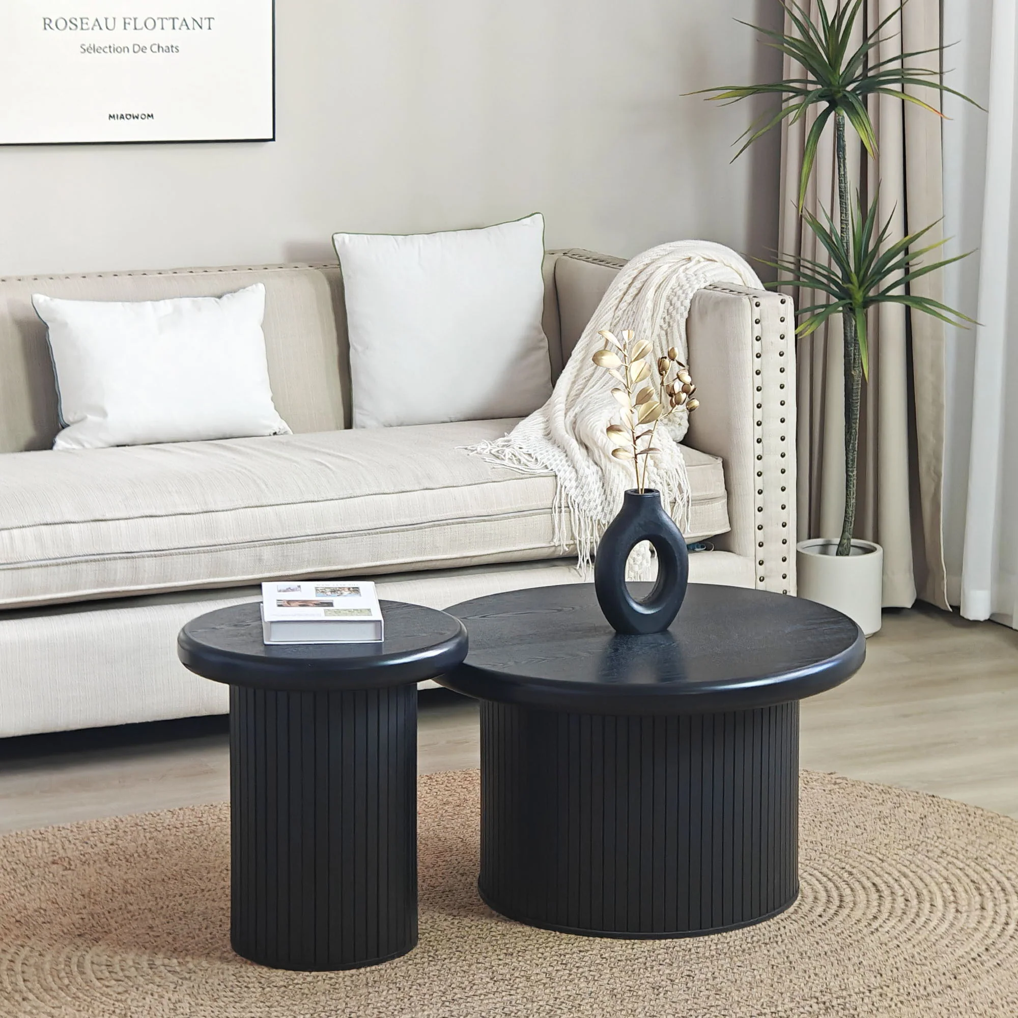 Fluted Cylinder Side Tables, Round End Tables For Living Room (Set of 2) - Black - Image 8