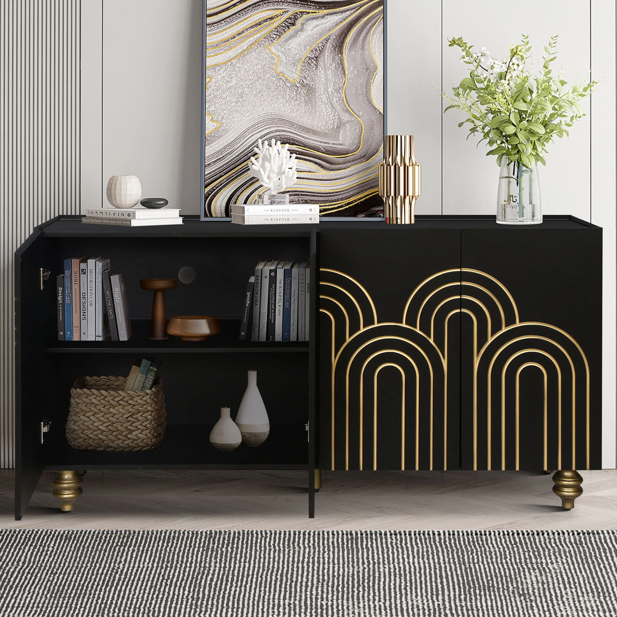 Fluted Sideboard Buffet Modern 4 Door Cabinet 60in x 32in with Storage - Image 4