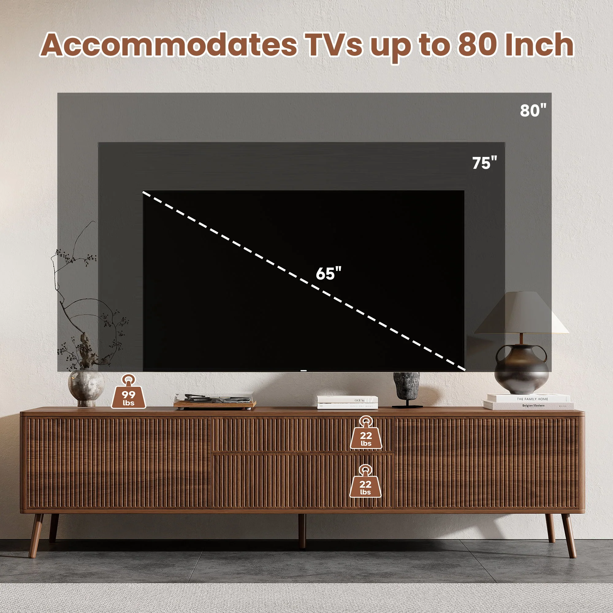 Fluted TV Stand With Storage Drawers And Cabinets For TVs Up To 80", Soft-Close Hinges, Cable Management - Walnut - Image 5