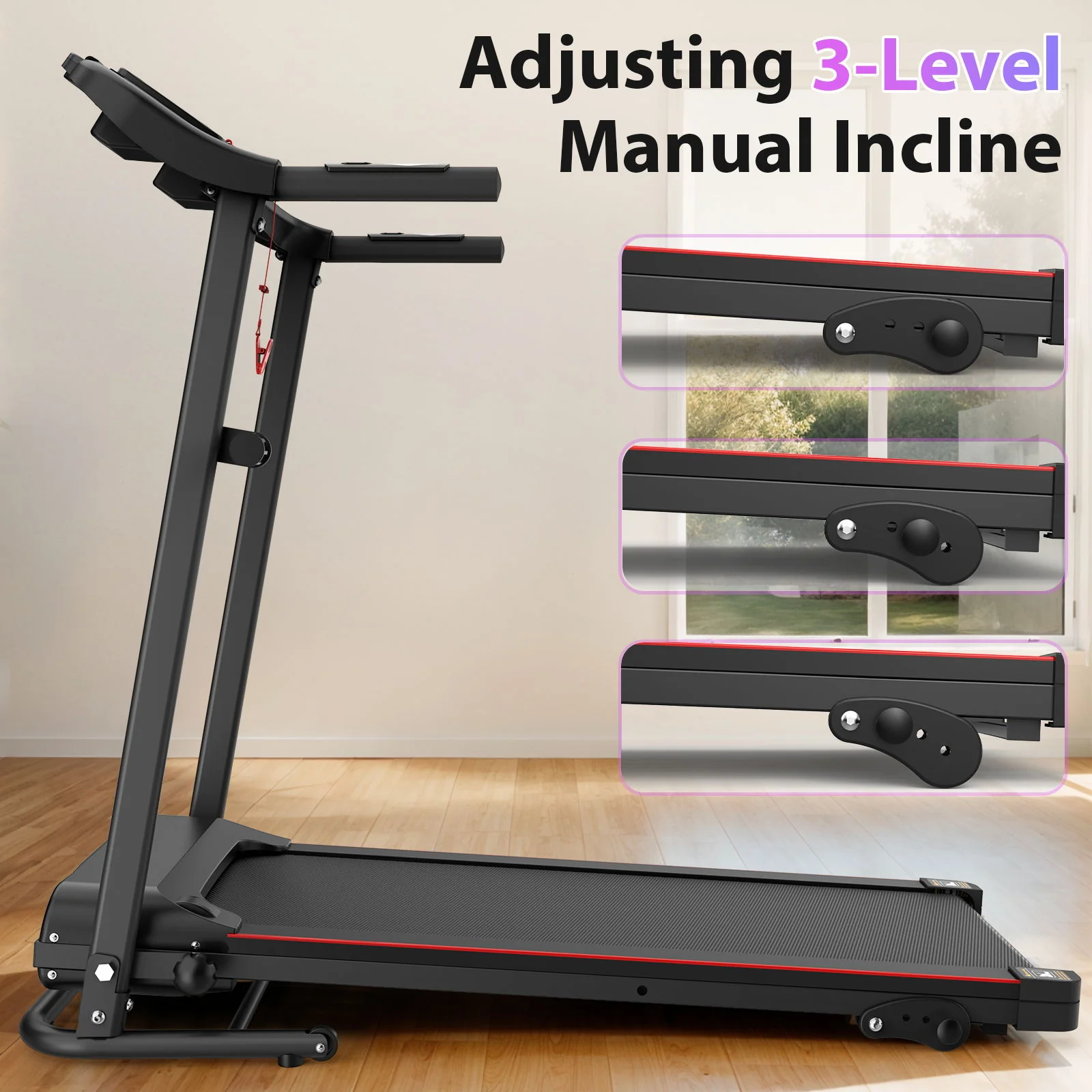 Foldable Electric Treadmill With 2.5Hp Motor, 12Km / H Speed, 3 Incline Levelstooth Music, Heart Rate Sensor, Spacious Running Belt For Indoor - Black - Image 2