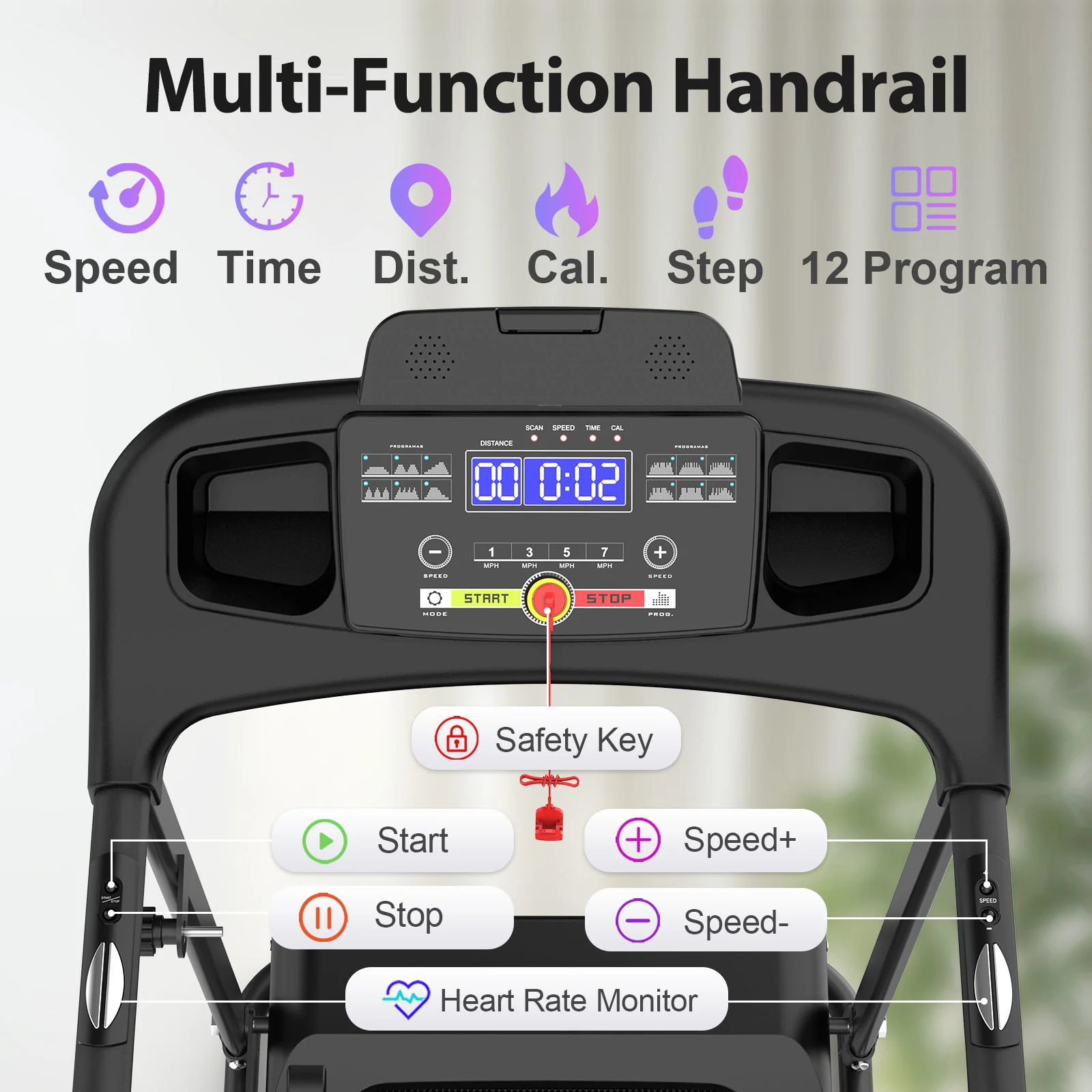 Foldable Electric Treadmill With 2.5Hp Motor, 12Km / H Speed, 3 Incline Levelstooth Music, Heart Rate Sensor, Spacious Running Belt For Indoor - Black - Image 7