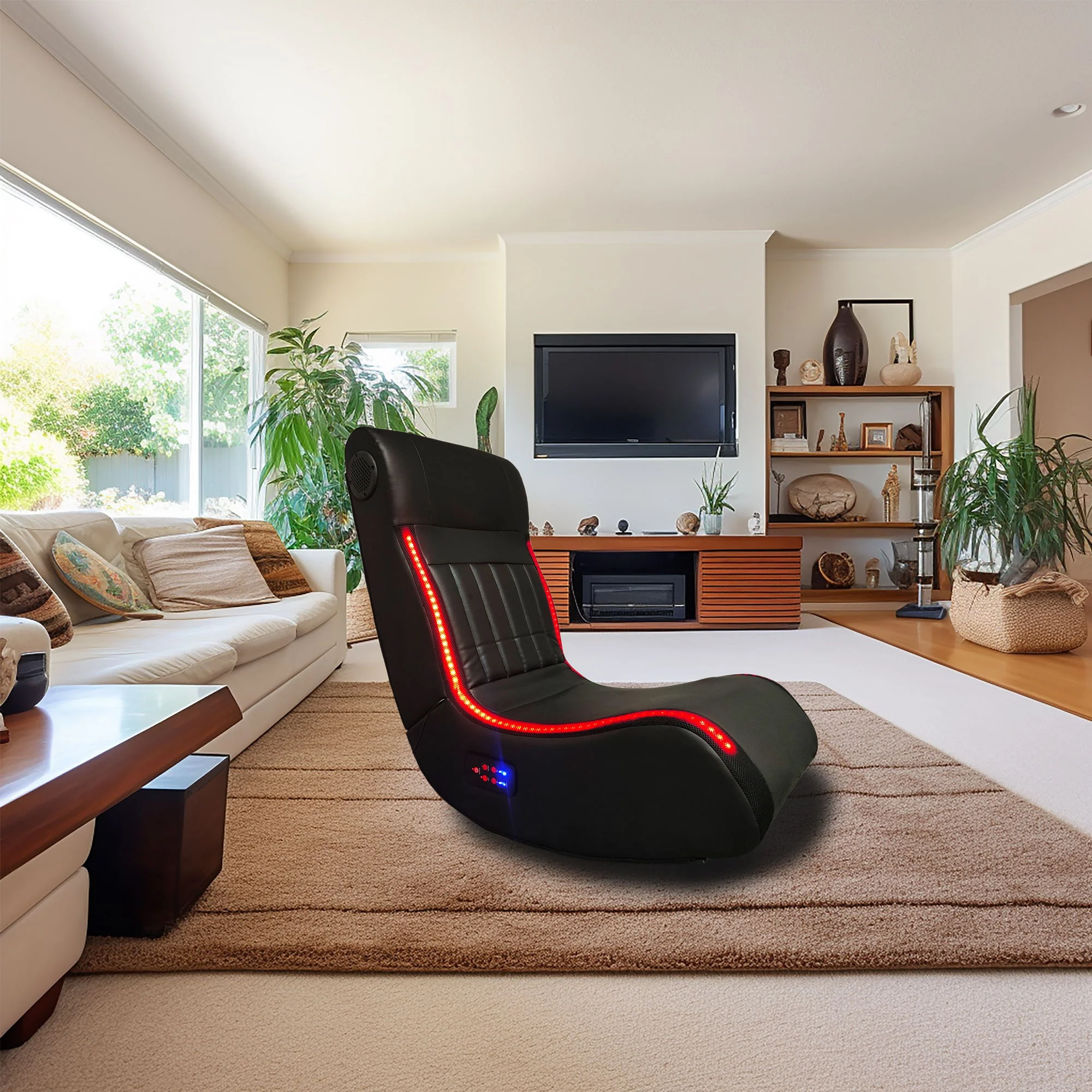 Foldable Gaming Chair With Onboard Speakers, LED Strip Lighting, Bluetooth, Vibration Massage, USB Charging Port - Black - Image 2