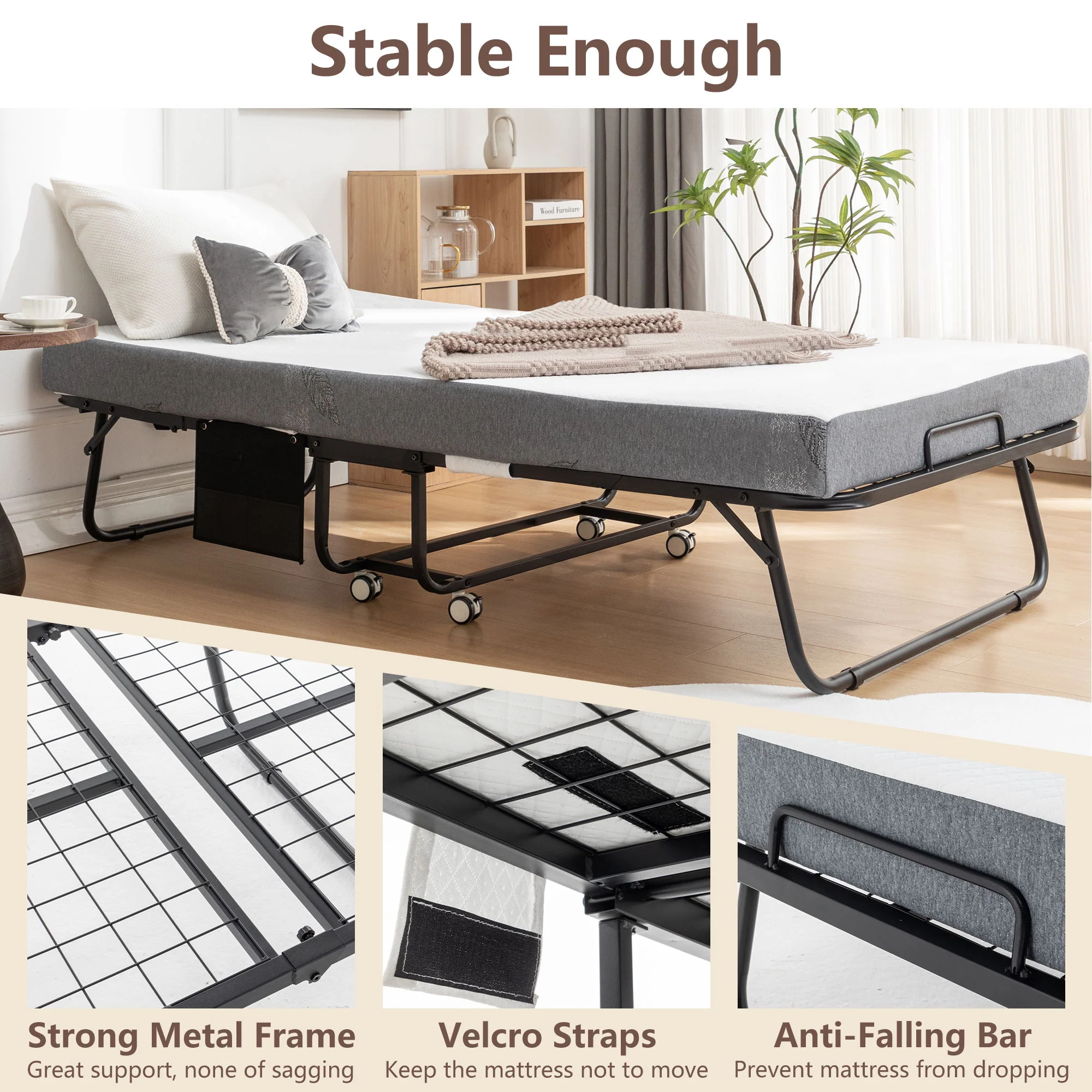 Foldable Metal Frame Bed For Guest With Memory Foam Mattress On Wheels, Saving Space Rollaway Bed - Image 4