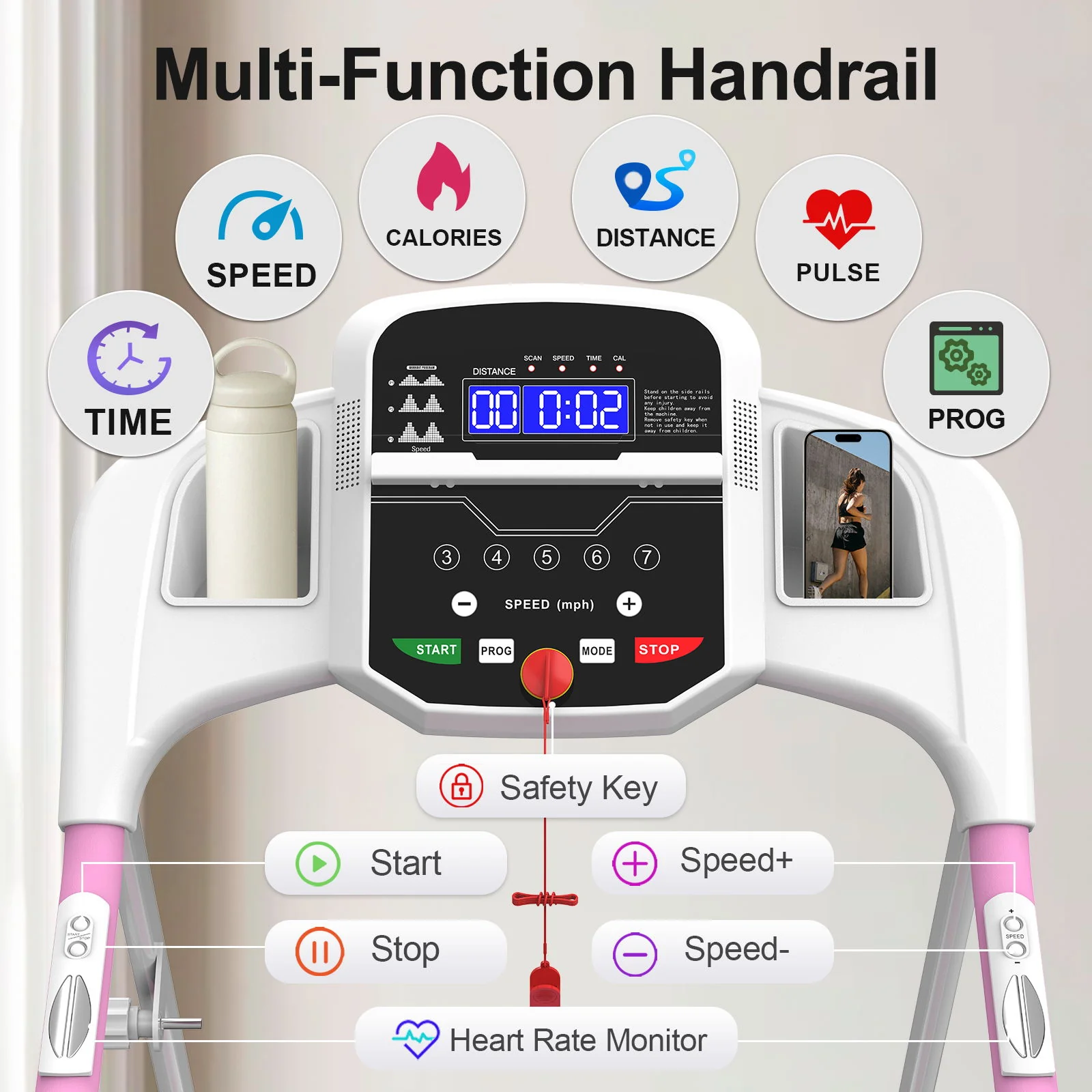Foldable Treadmill 2.5Hp Electric Folding Treadmill Running Walking Machine For Home Gym, Max 265 Lbs Weight Capacity - Pink / White - Image 5