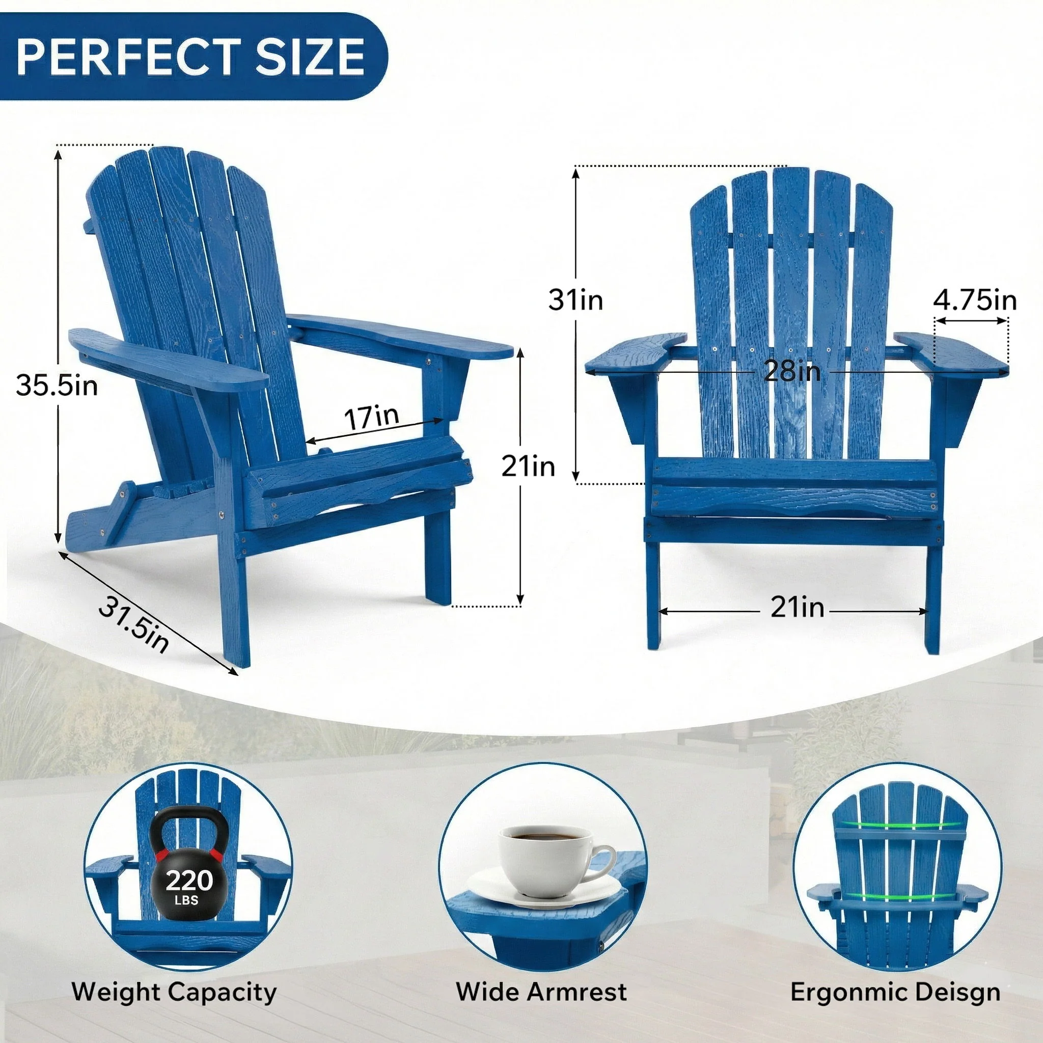 Folding Adirondack Lounge Chair With Embossed Grain For Patio, Backyard, Deck Or Pool Side - Navy Blue - Image 4