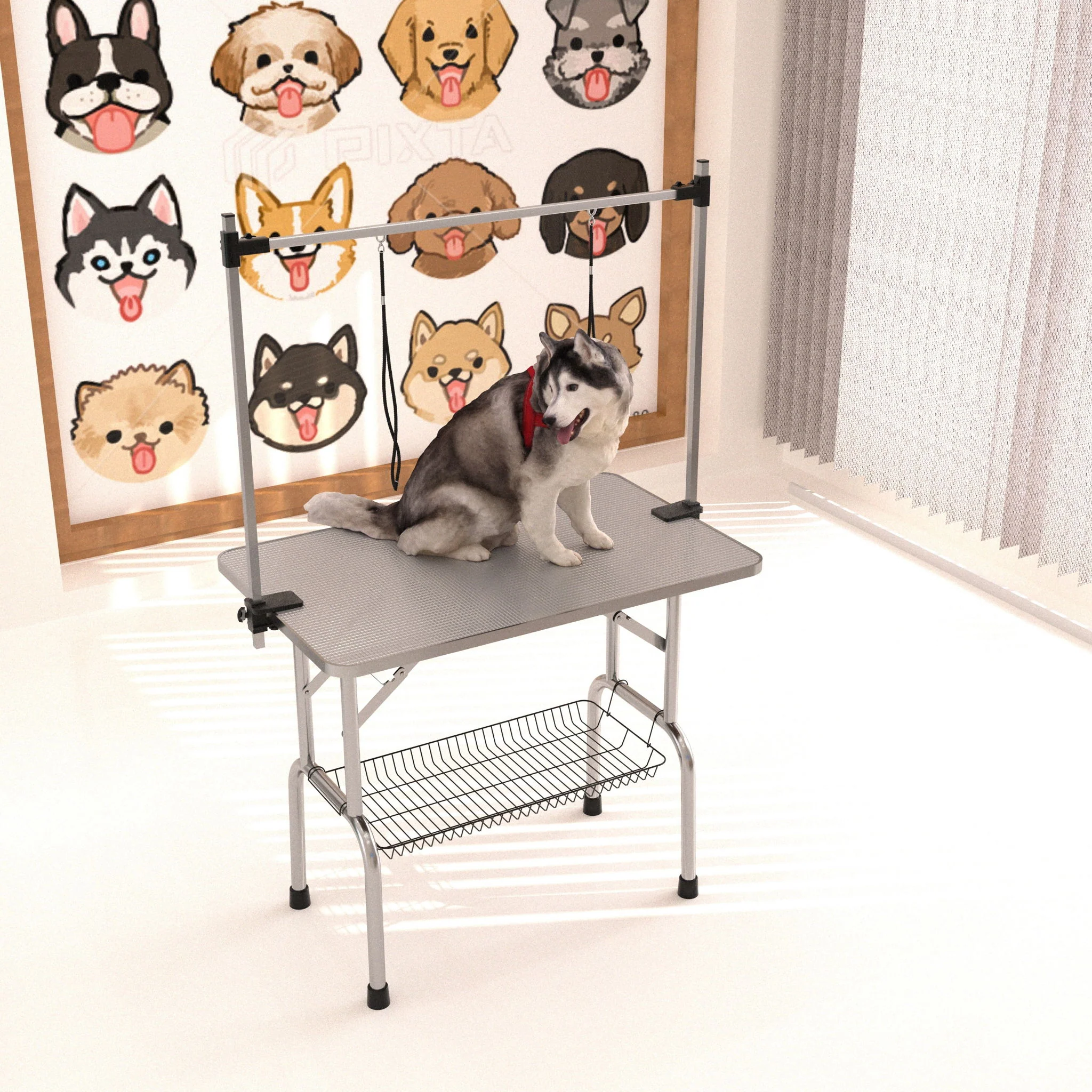 Folding Dog Pet Grooming Table Stainless Steel Frame Rubber Mat On Board With Adjustable Arm And Clamps Pet Dog Cat Grooming Table - Image 15