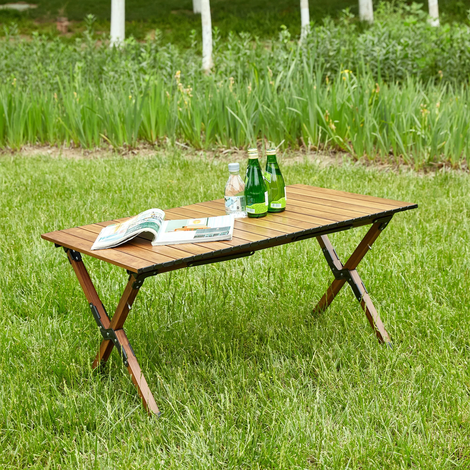 Folding Outdoor Table, Lightweight Aluminum Roll-Up Rectangular Table For Indoor, Outdoor Camping, Picnics, Beach, Backyard, Bbq, Party, Patio - Brown - Image 8