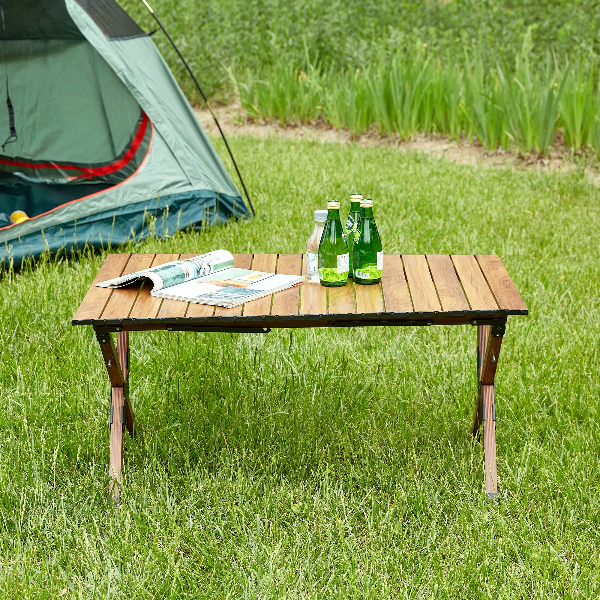 Folding Outdoor Table, Lightweight Aluminum Roll-Up Rectangular Table For Indoor, Outdoor Camping, Picnics, Beach, Backyard, Bbq, Party, Patio - Brown - Image 9