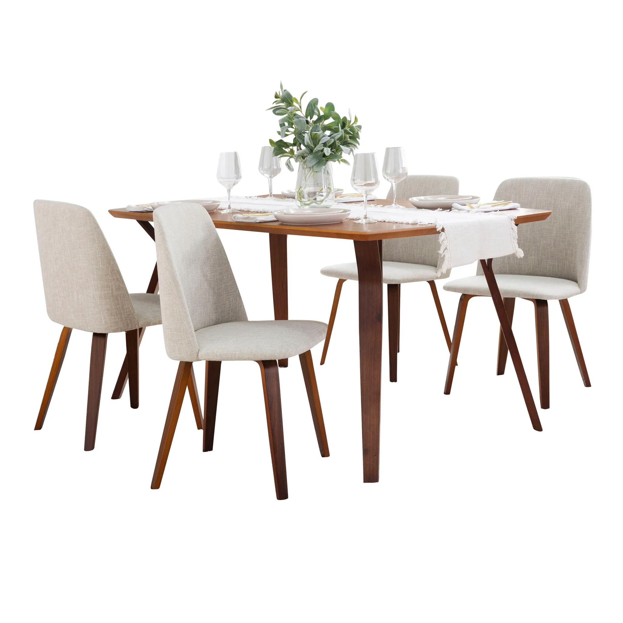 Folia Toriano - 5 Piece Mid-Century Modern Dining Set - Walnut / Beige - Image 4