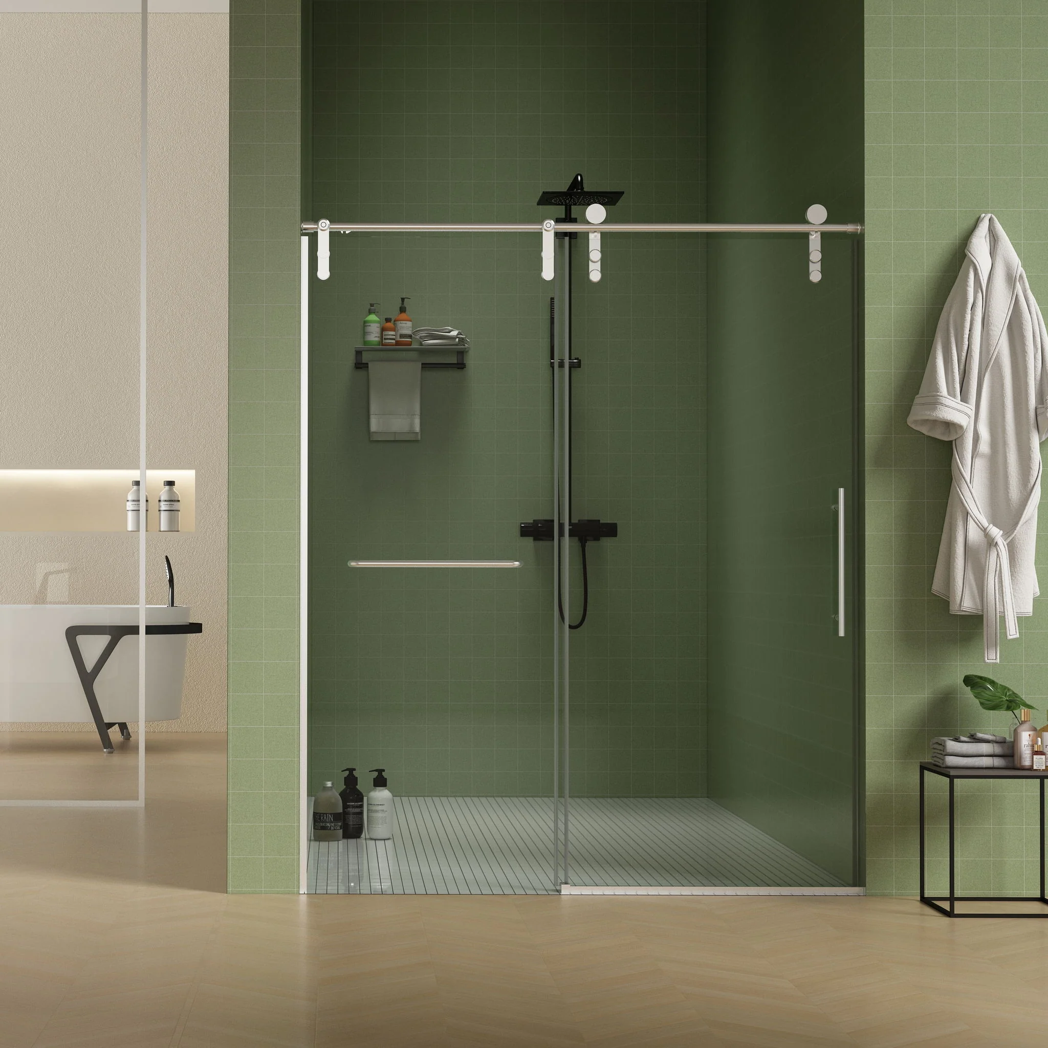 Frameless Shower Door, Sliding Shower Door, Premium 5 / 16" (8 Mm) Thick Tempered Glass Shower Enclosure With Towel Bar, Double Side Easy Clean Coat, Finished With Buffer - Image 8