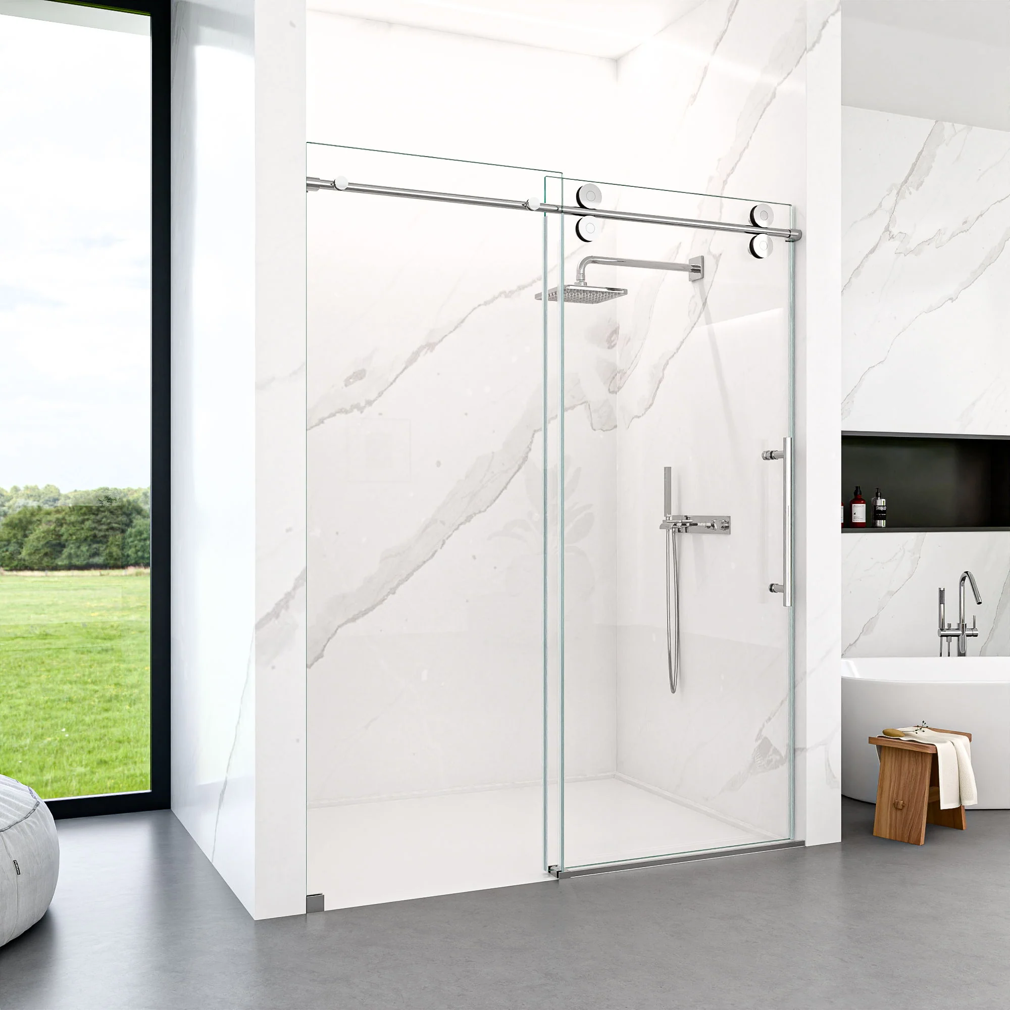 Frameless Single Sliding Shower Door With Clear Tempered Glass - Image 19