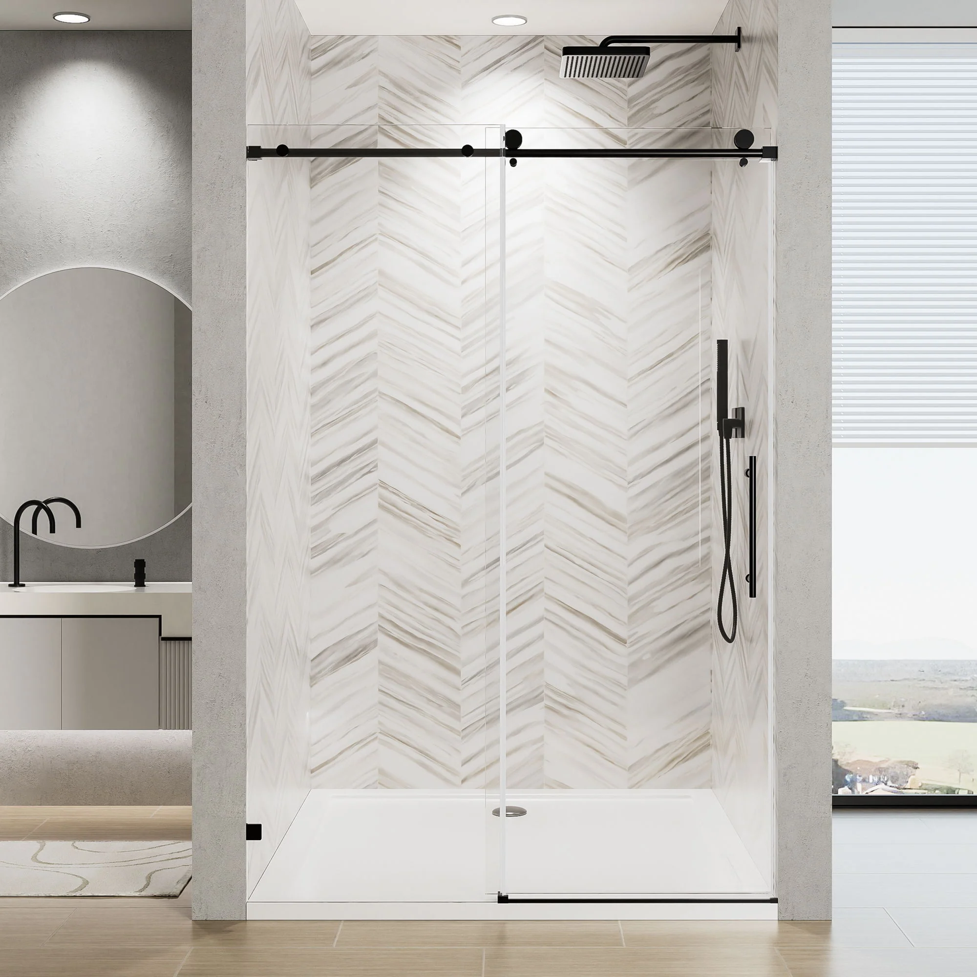 Frameless Single Sliding Soft Close Shower Door, 5 / 16" Clear Nano Coated Tempered Glass And 304 Stainless Steel Handle - Matte Black - Image 9