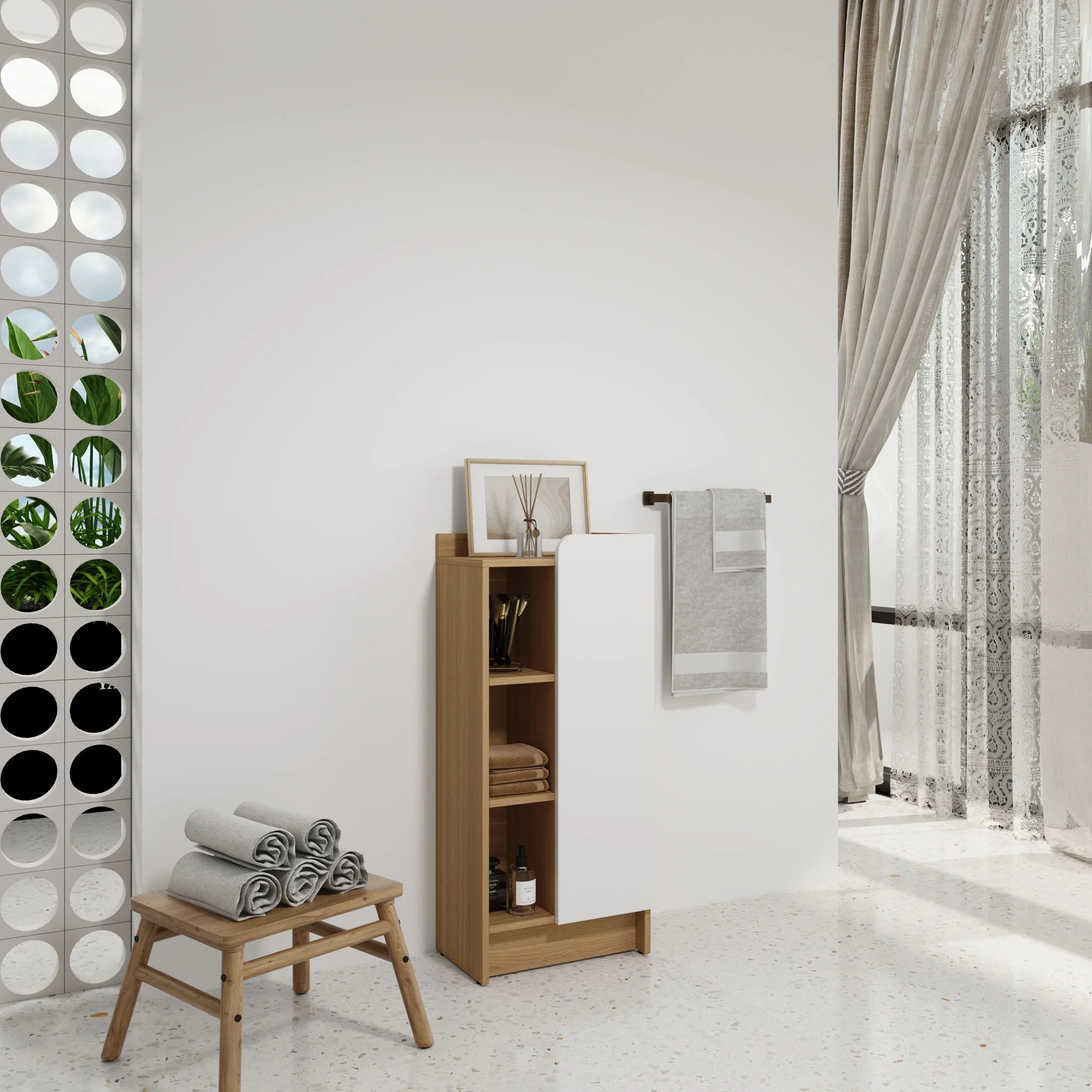 Freestanding Bathroom Side Cabinet, Narrow Storage Cabinet With Single Door & 3 Tier Open Shelves - Black / Light Oak / White - Image 8