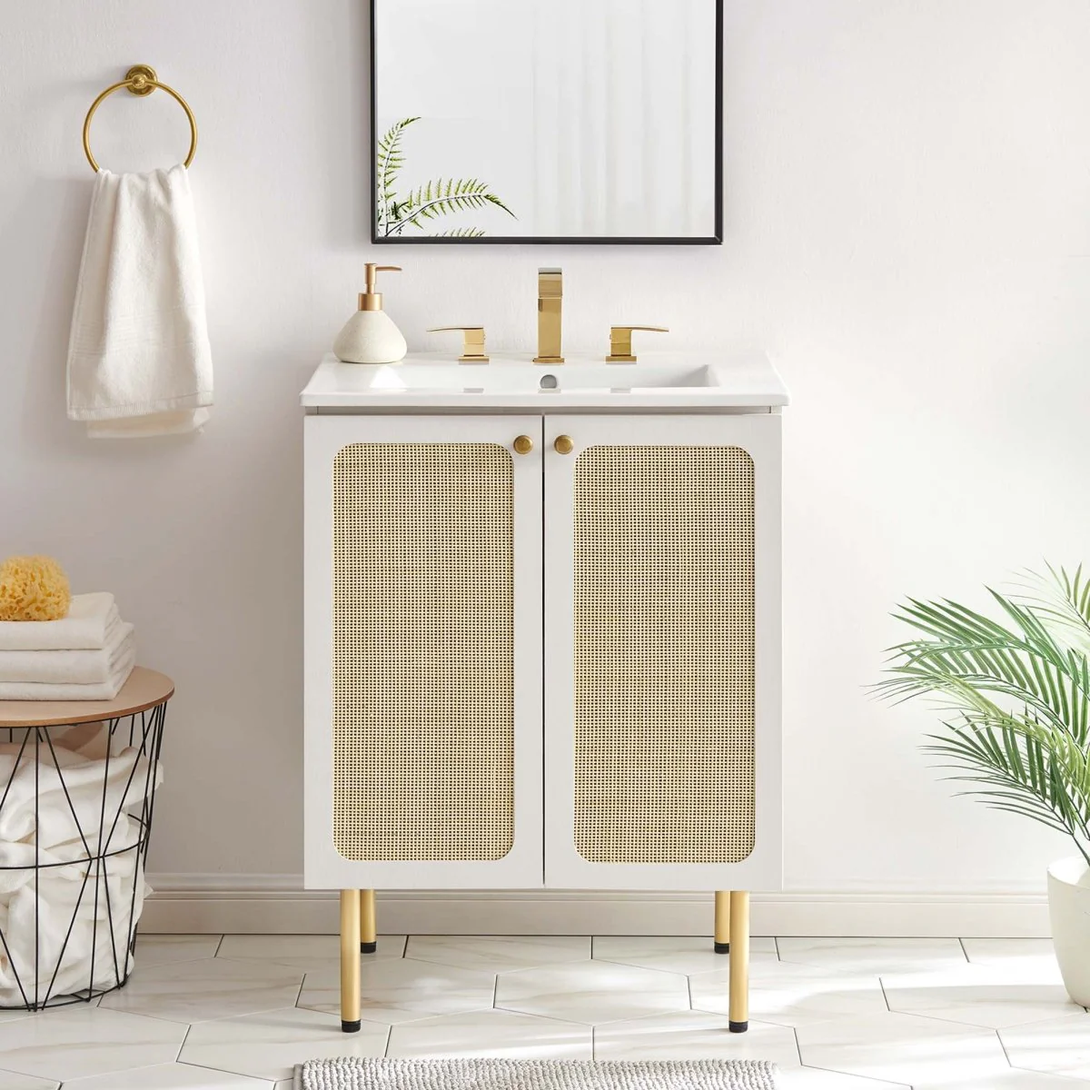 Freestanding Bathroom Vanity Cabinet with Rattan Weave Doors and Storage - Image 142