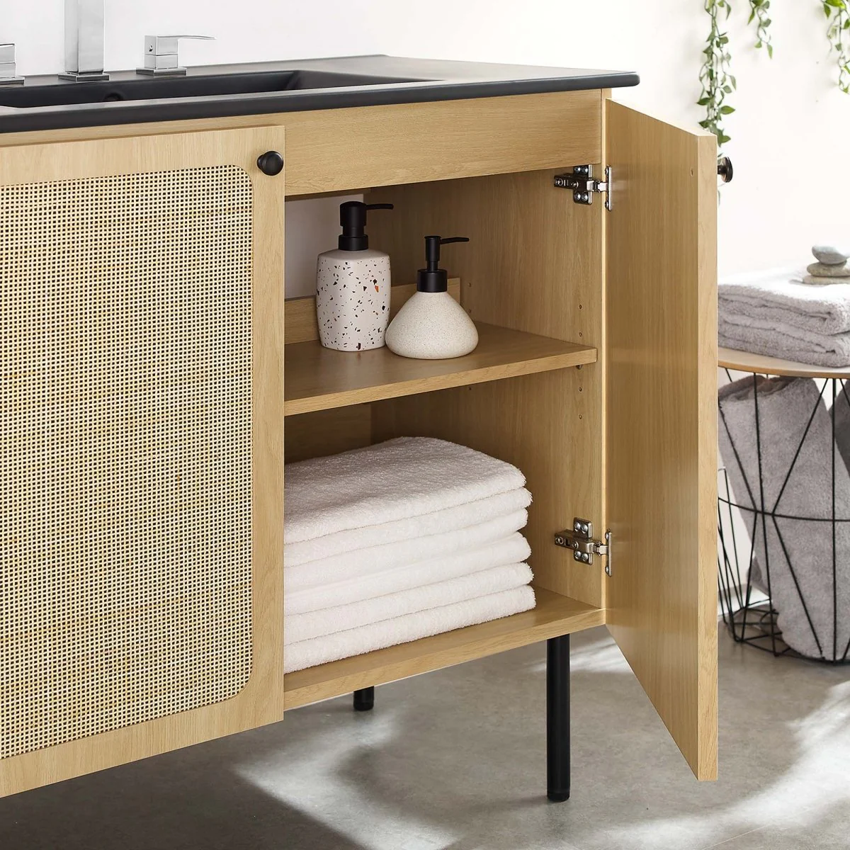 Freestanding Bathroom Vanity Cabinet with Rattan Weave Doors and Storage - Image 163