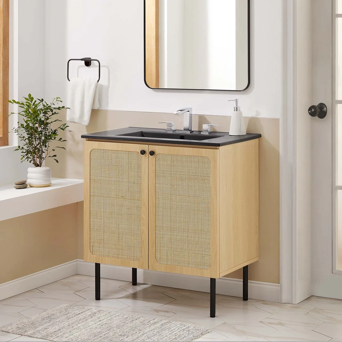 Freestanding Bathroom Vanity Cabinet with Rattan Weave Doors and Storage - Image 223