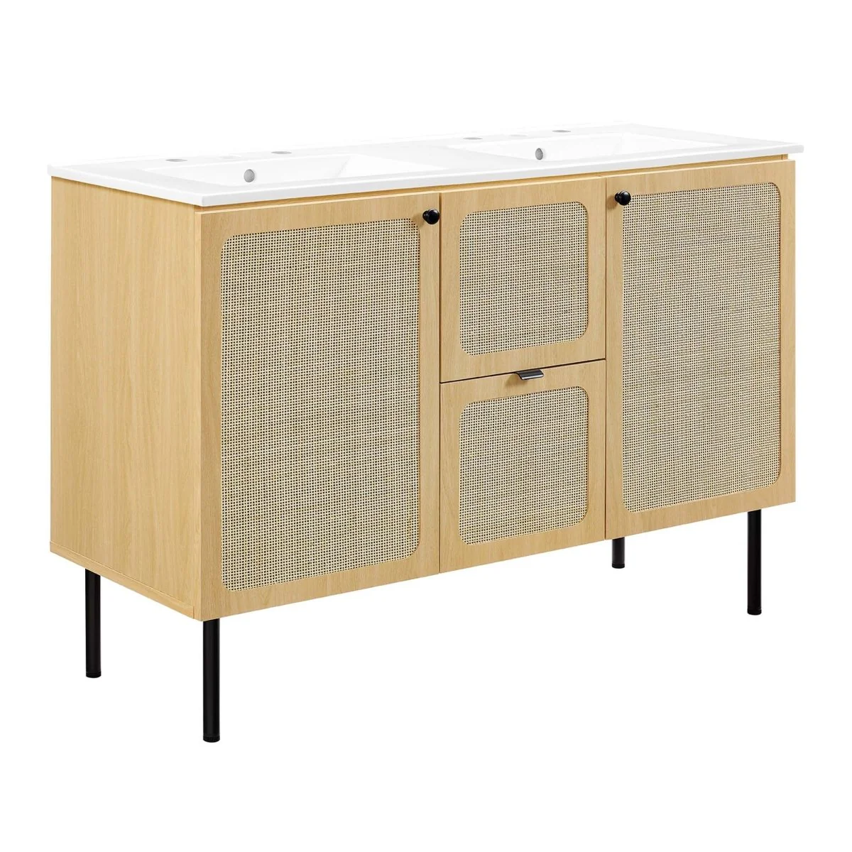 Freestanding Bathroom Vanity Cabinet with Rattan Weave Doors and Storage - Image 246