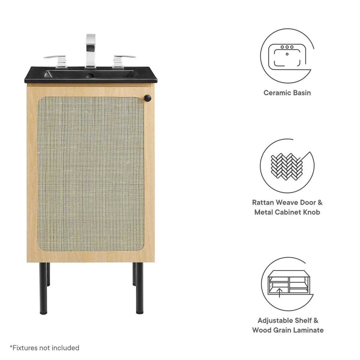 Freestanding Bathroom Vanity Cabinet with Rattan Weave Doors and Storage - Image 50
