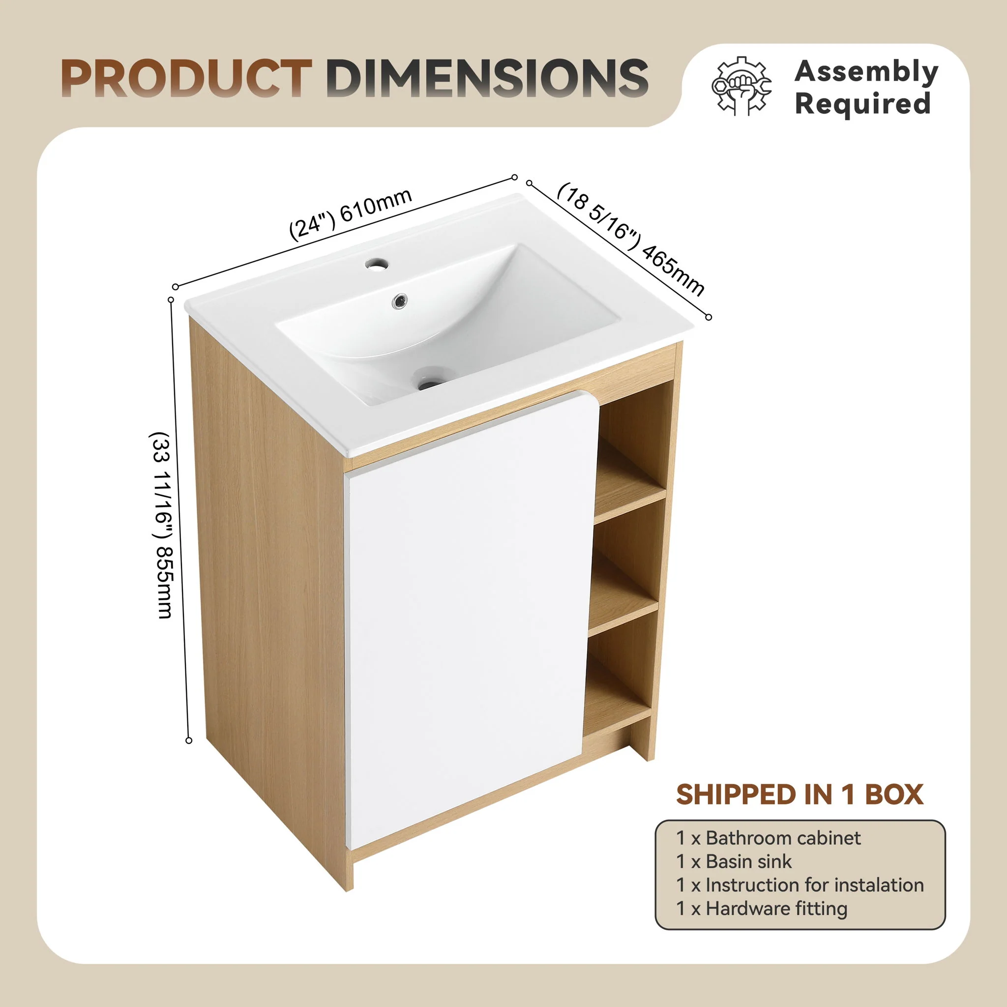 Freestanding Bathroom Vanity With Thin Rim Sink, Single Door With 4 Tier Open Shelves - Light Oak / White - Image 8
