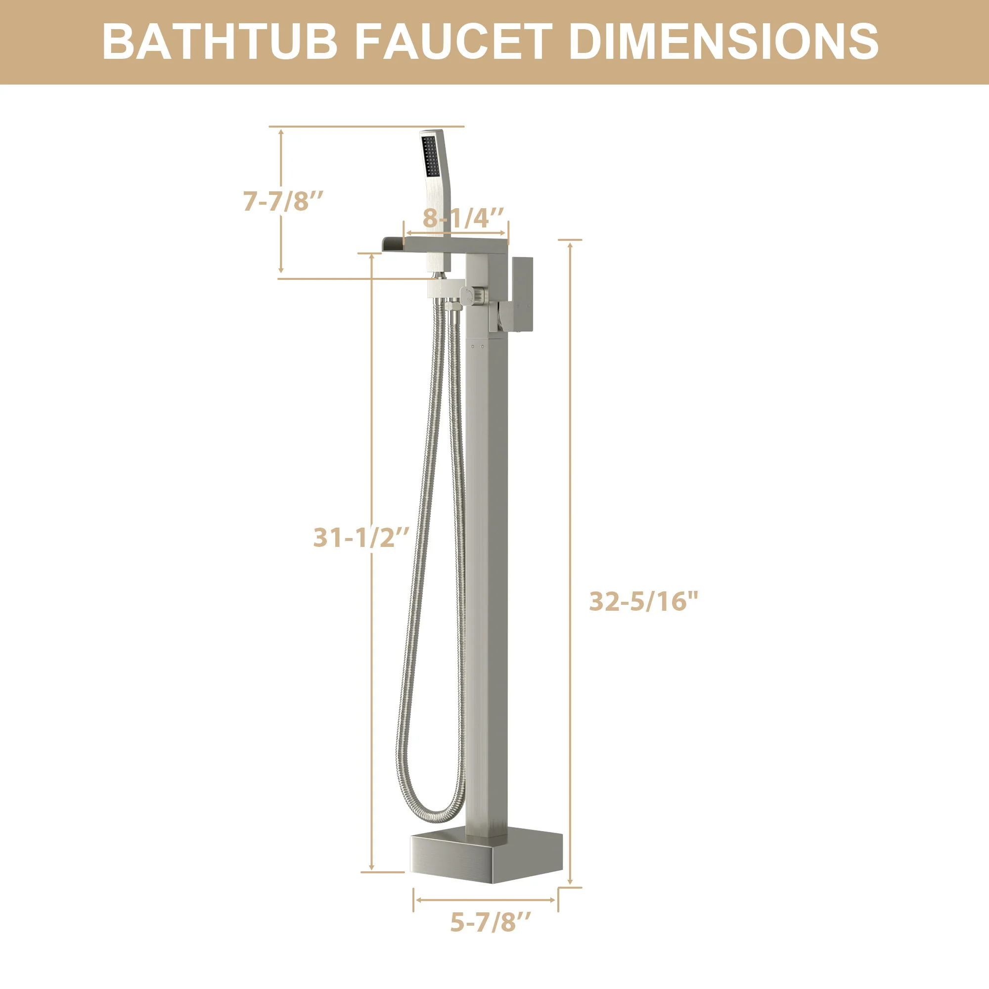 Freestanding Bathtub Faucet Waterfall Tub Filler Floor Mount Solid Brass With Hand Shower - Brushed Nickel - Image 2