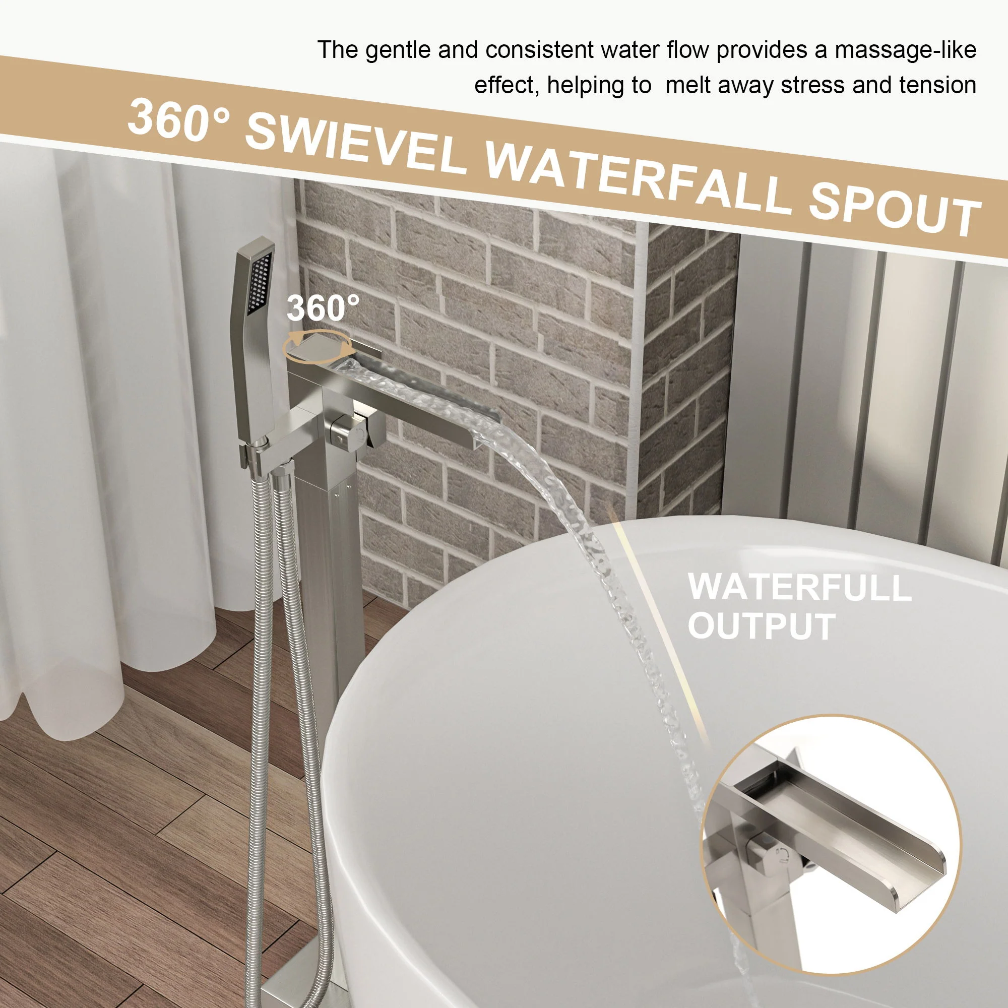 Freestanding Bathtub Faucet Waterfall Tub Filler Floor Mount Solid Brass With Hand Shower - Brushed Nickel - Image 7