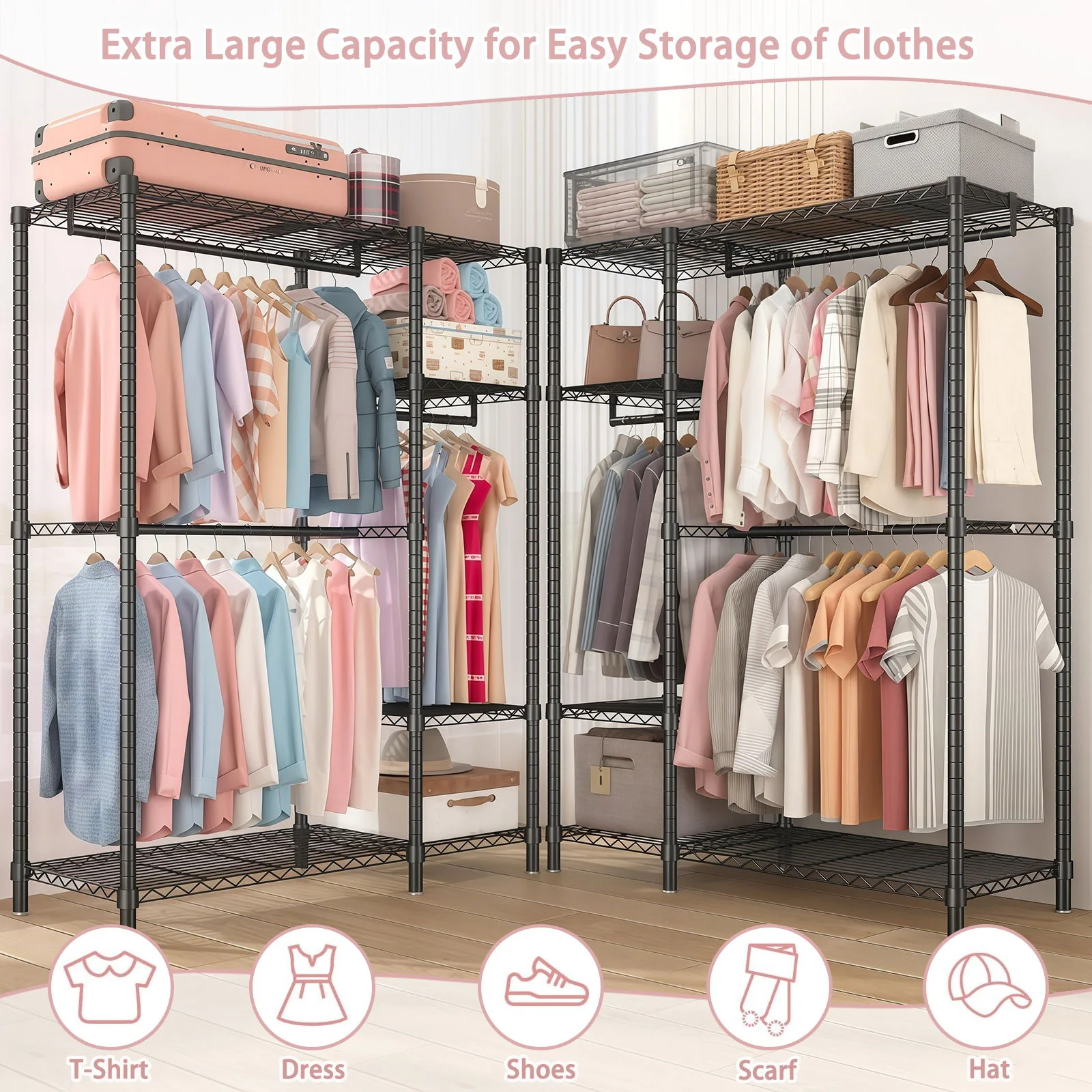 Freestanding Clothes Rack, With 6 Adjustable Wire Shelves And 3 Garment Rails - Black - Image 3