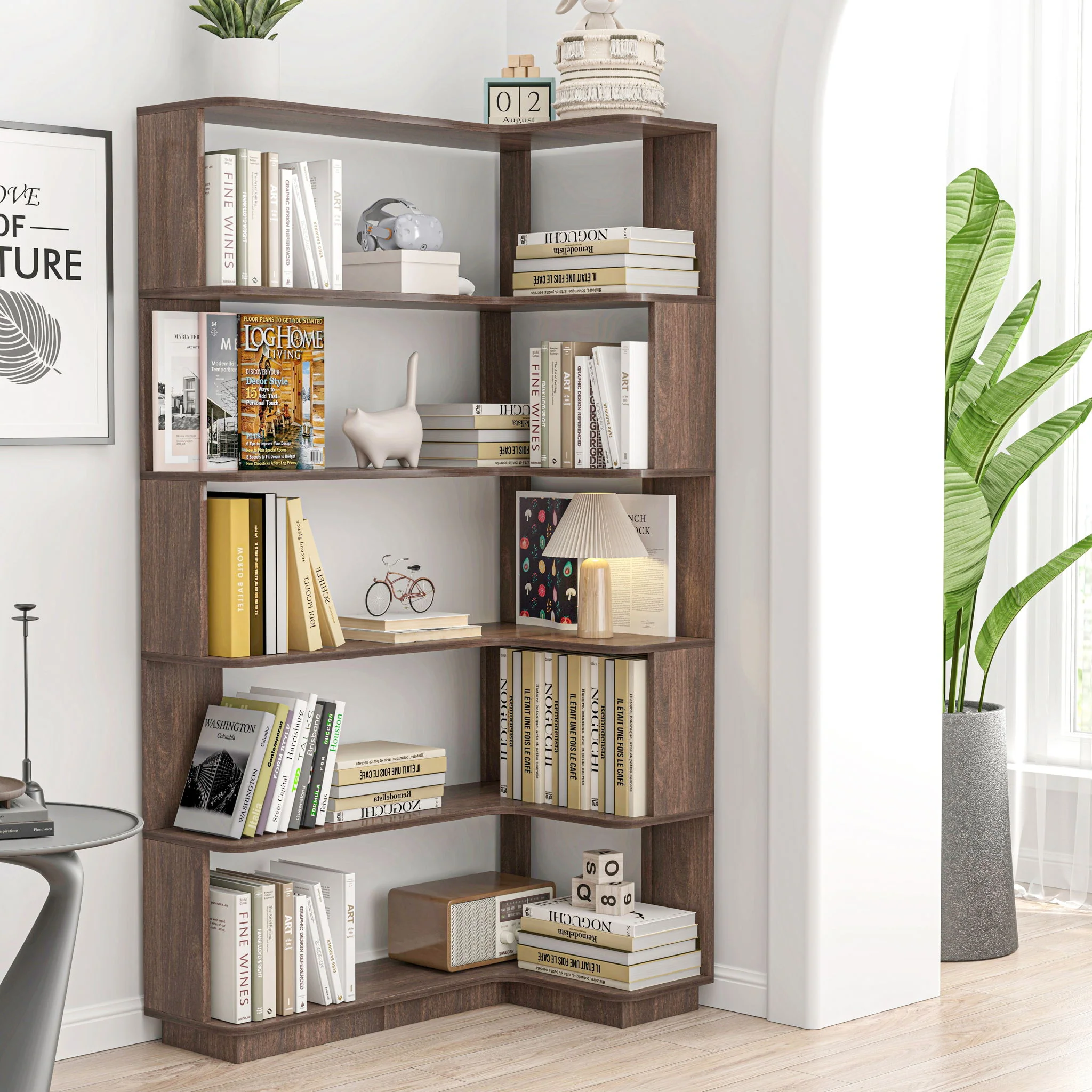 Freestanding Corner Bookshelf For Living Room - Dark Brown - Image 3