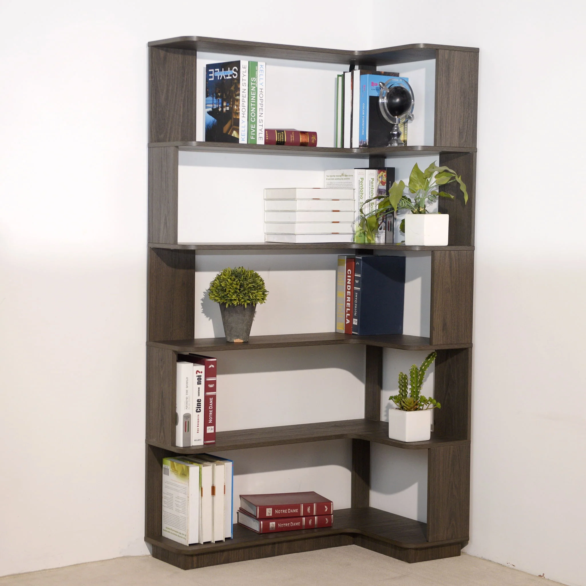 Freestanding Corner Bookshelf For Living Room - Dark Brown - Image 5