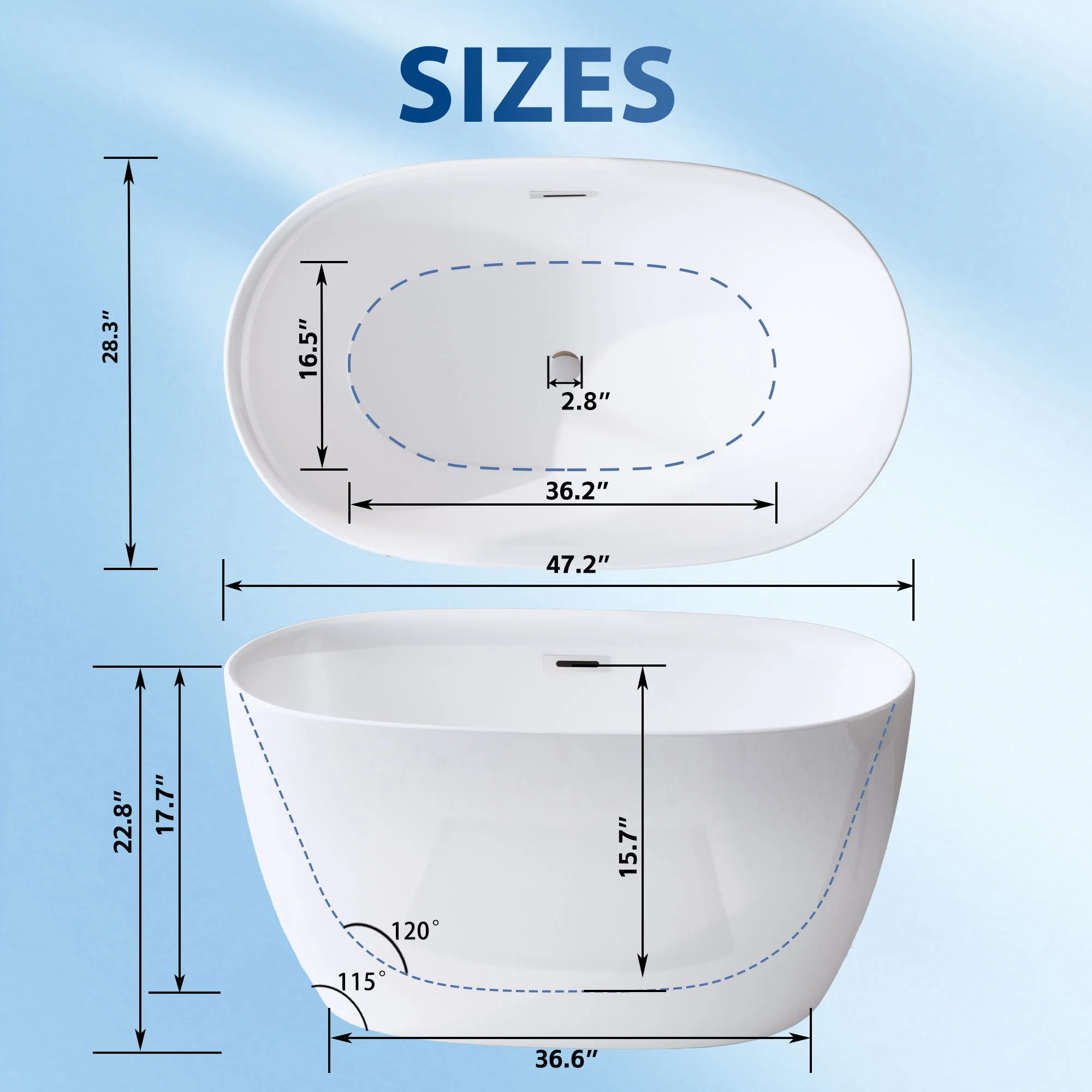 Freestanding Oval Bathtub With Overflow And Pop Up Drain, Double Walled Design - Gloss White - Image 5
