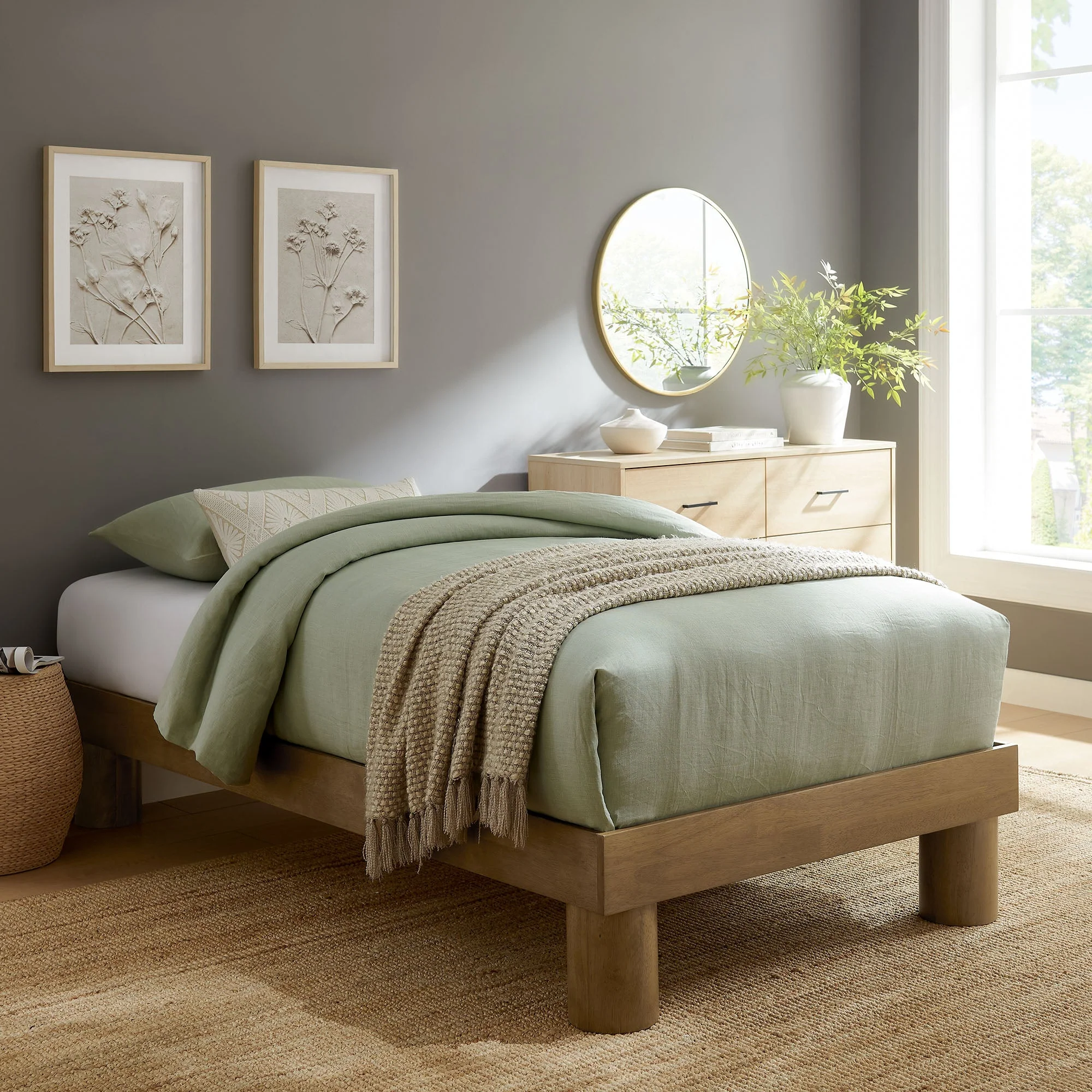 French Oak Minimalist Wood Platform Bed Frame - Image 6
