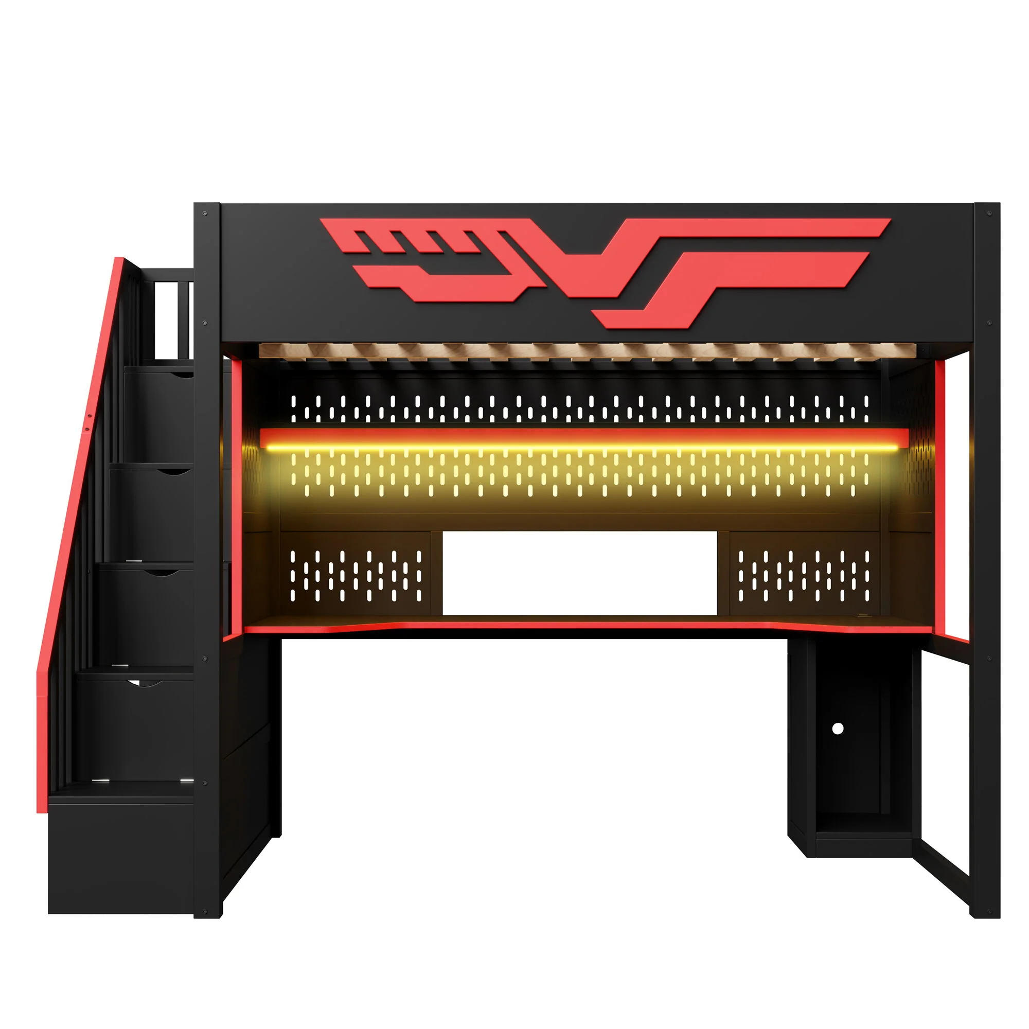 Full Gaming Loft Bed With Desk And Storage Staircase, LED Lights And USB - Red / Black - Image 7