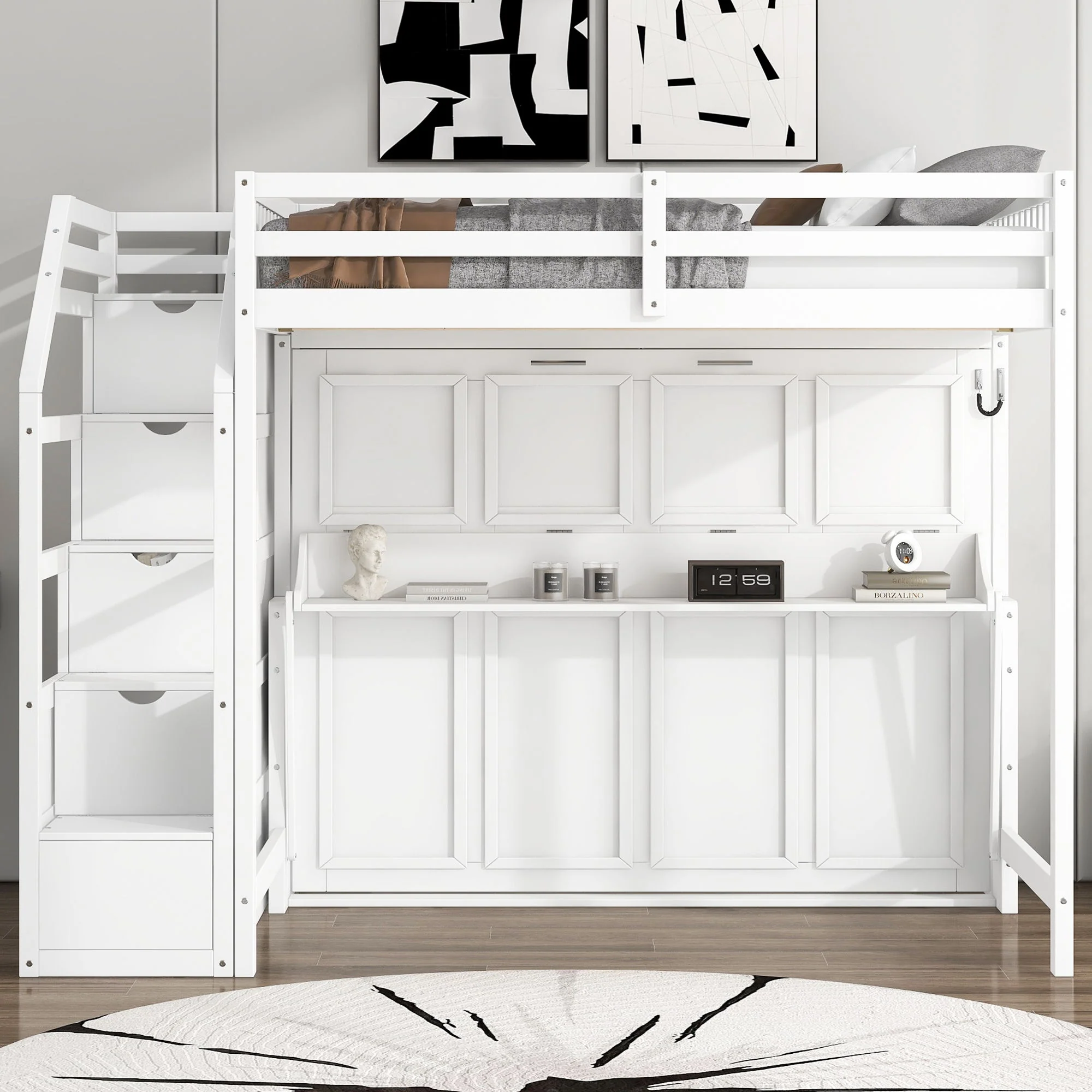 Full Long Loft Bed With Storage Staircase, Murphy Bed, LED Light - White - Image 2