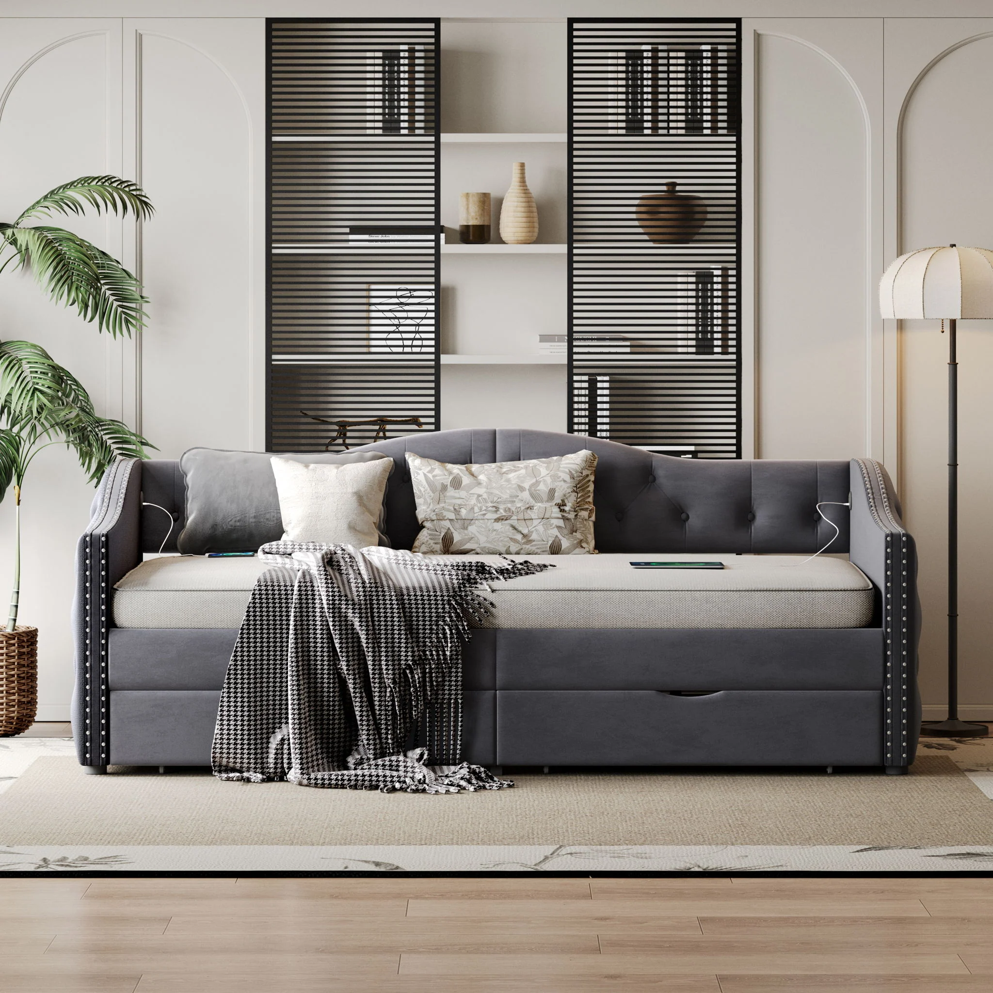 Full Size Bed Frame, Upholstered Cloud Bed Frame With Headboard, 2 Storage Drawers And 2 USB Charging Design, No Box Spring Needed - Gray - Image 2