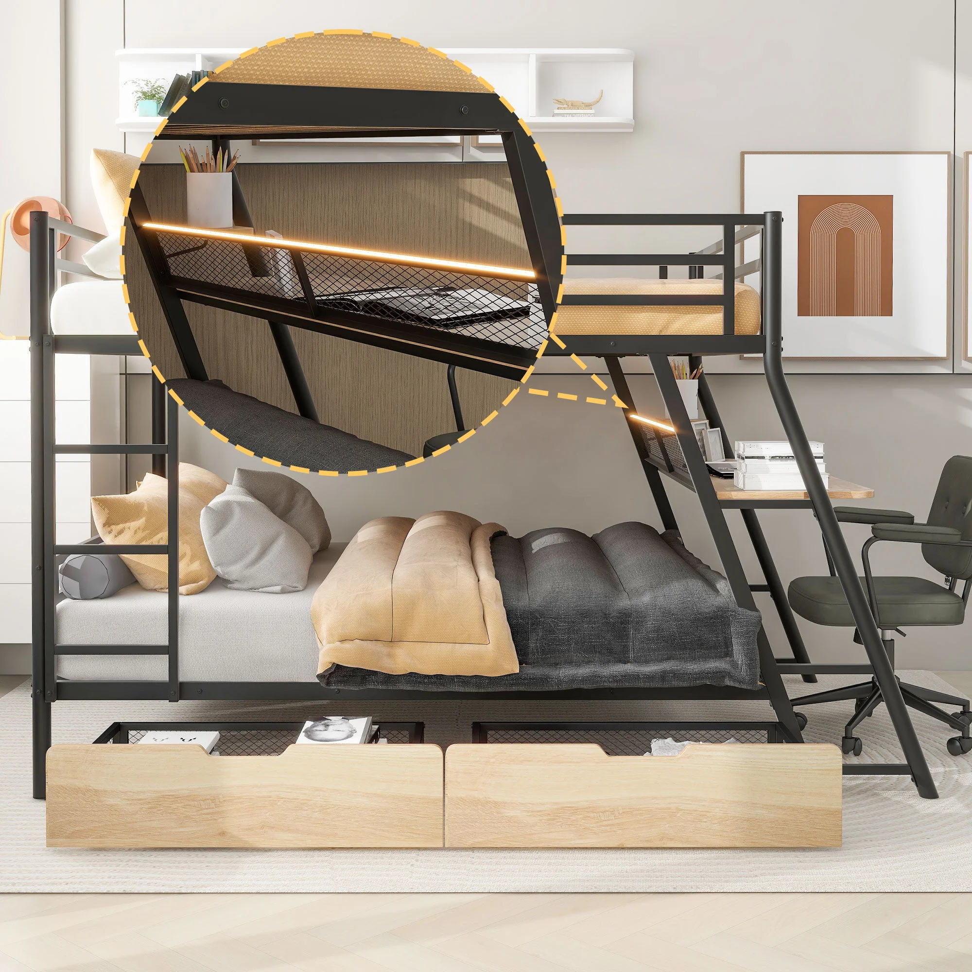 Full Size Bunk Bed With Built In Desk, Light, And 2 Drawers - Black - Image 3