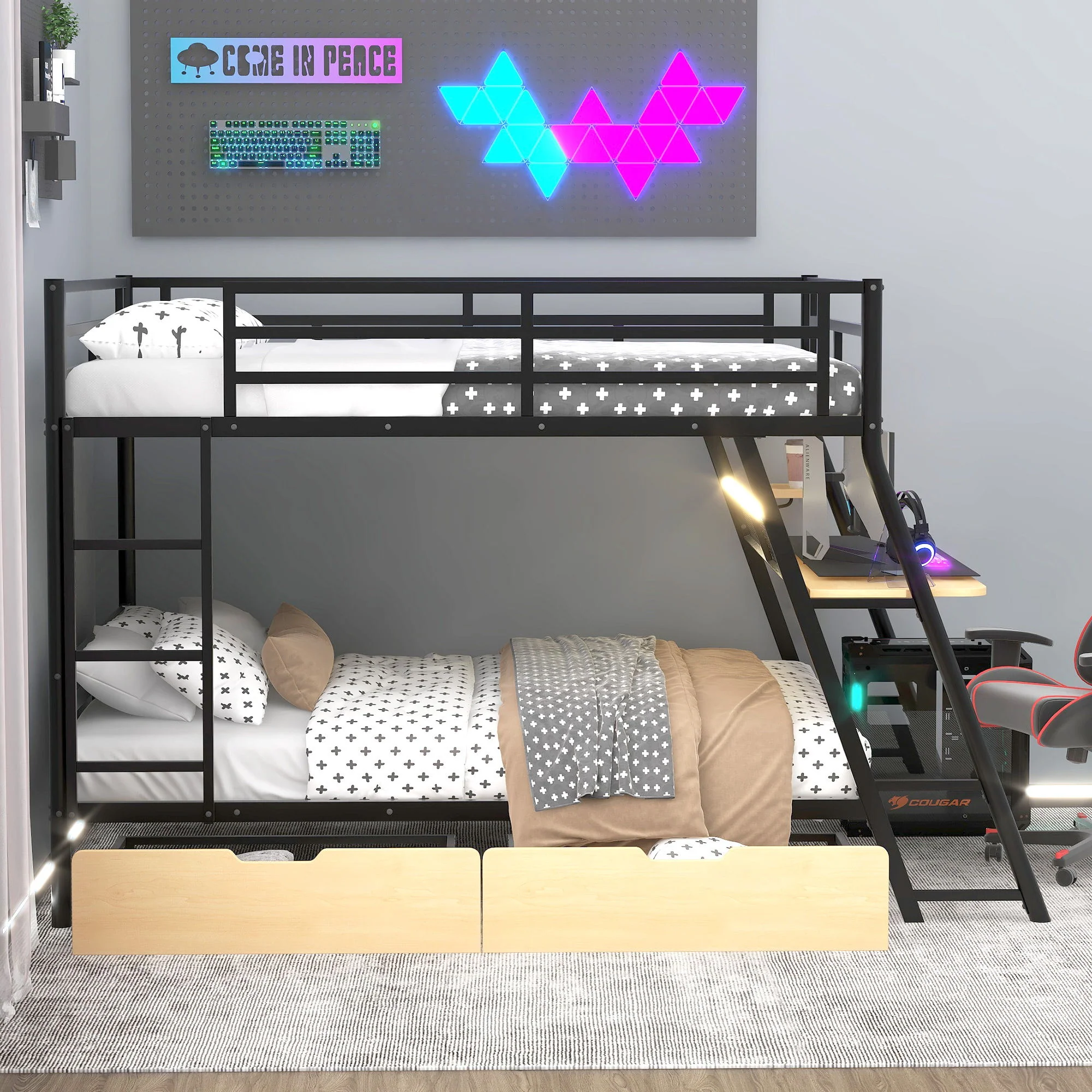 Full Size Bunk Bed With Built In Desk, Light, And 2 Drawers - Black - Image 4