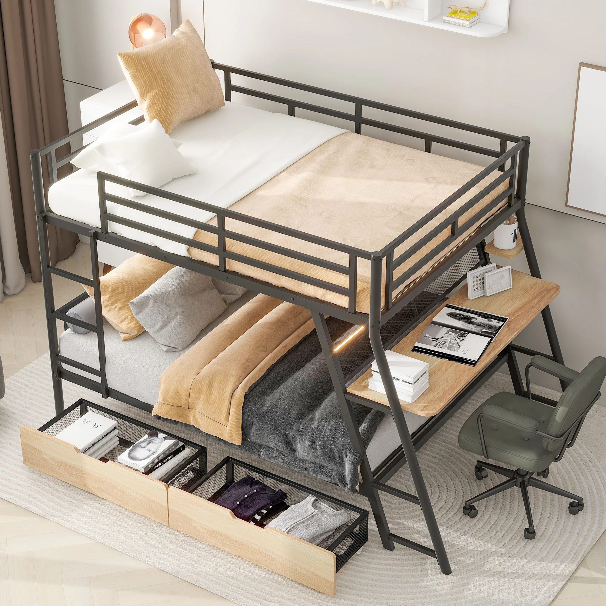 Full Size Bunk Bed With Built In Desk, Light, And 2 Drawers - Black - Image 6
