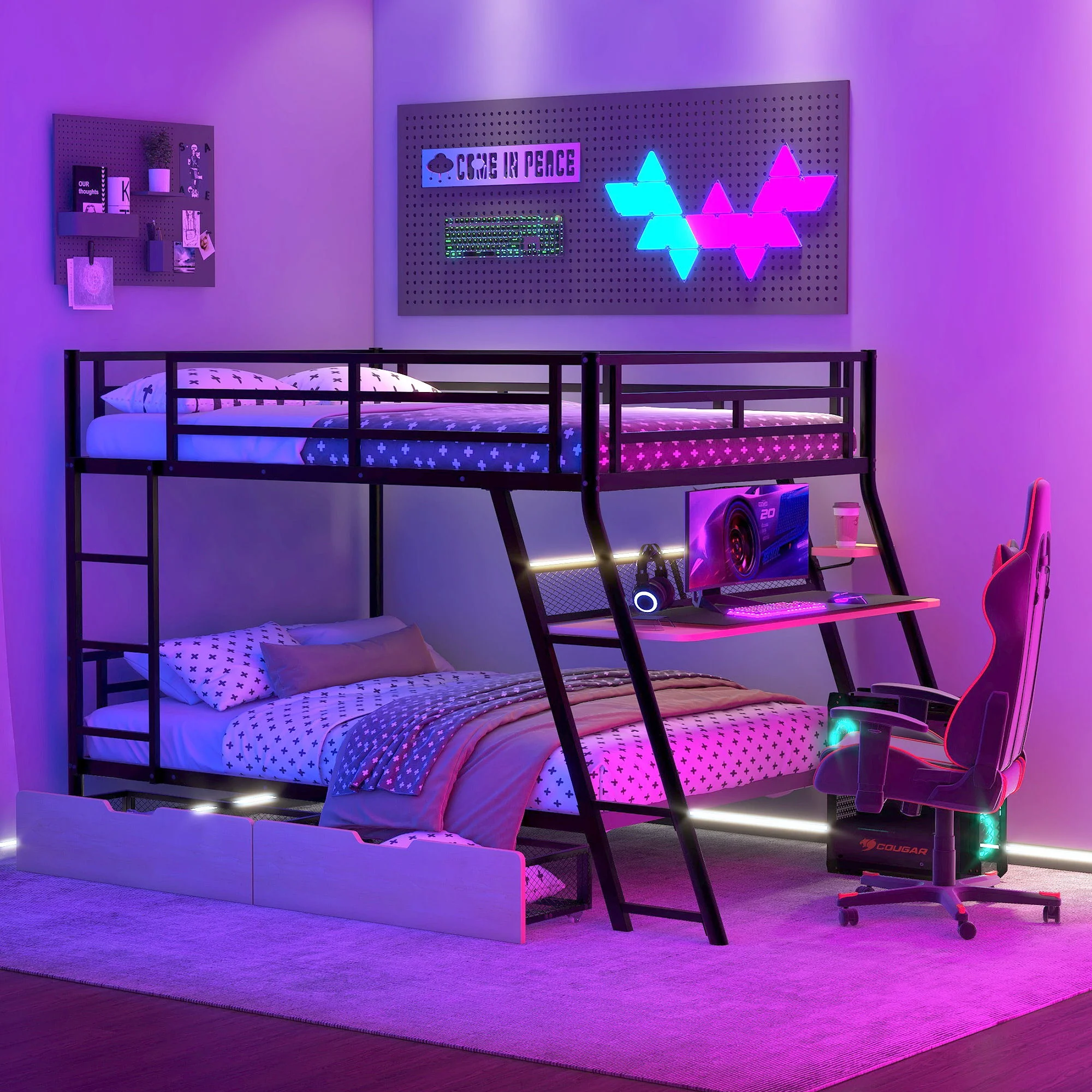 Full Size Bunk Bed With Built In Desk, Light, And 2 Drawers - Black - Image 7