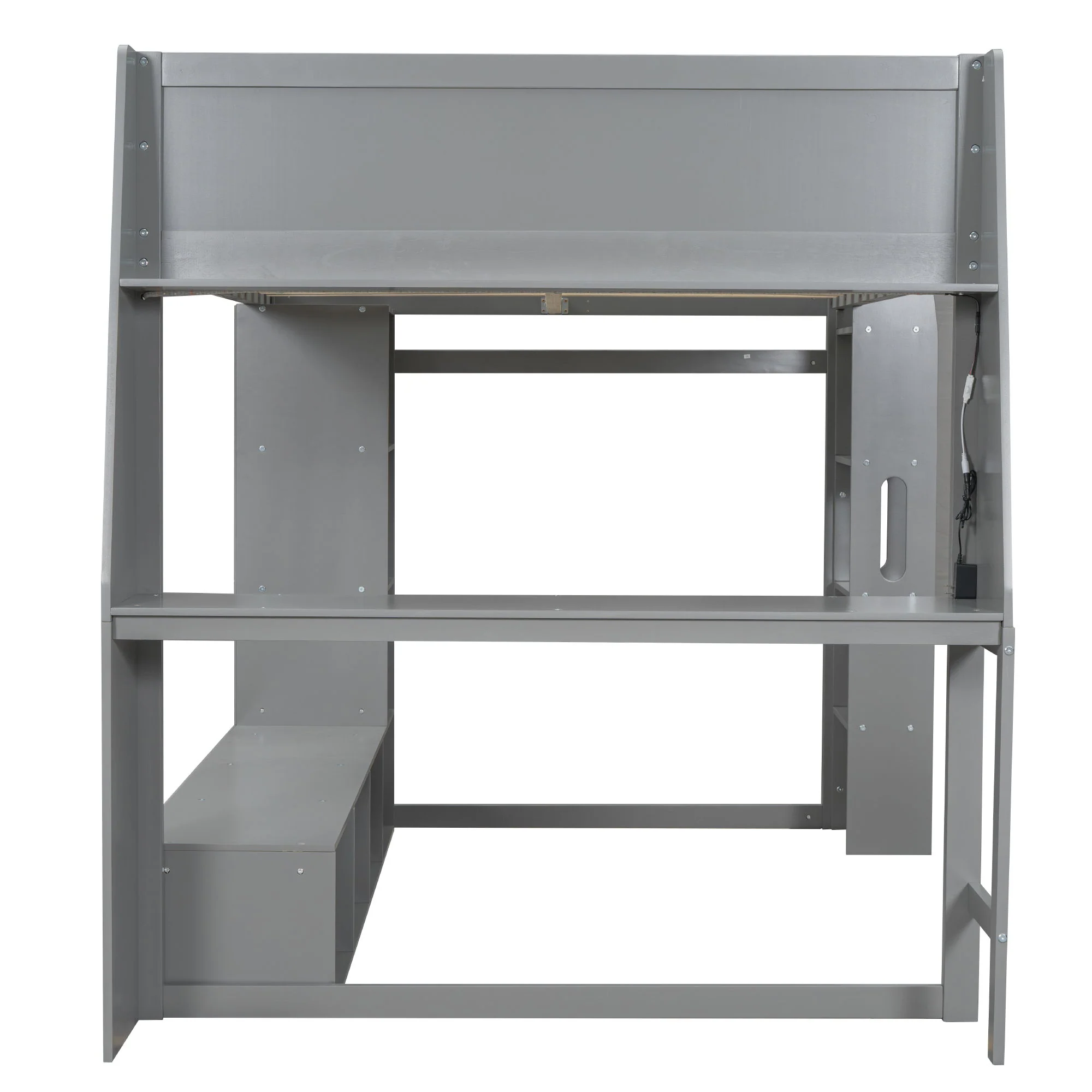 Full Size Gaming Loft Bed With Desk, Multi Storage Shelves, LED Lighting, And Hanging Clothes Rack - Gray - Image 9