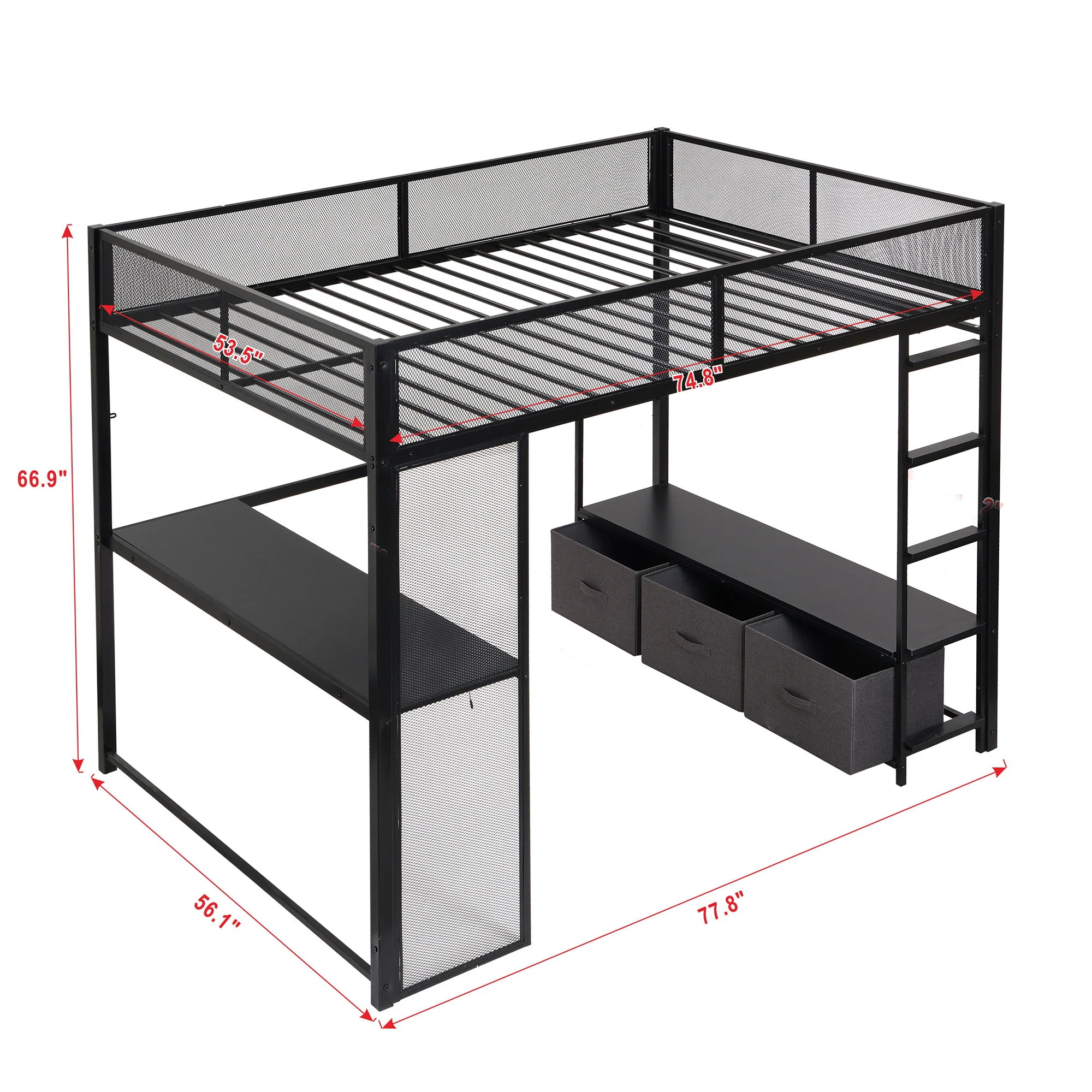 Full Size Gaming Loft Bed With LED Desk, Open Wardrobe, 3 Linen Storage Drawers - Black - Image 4