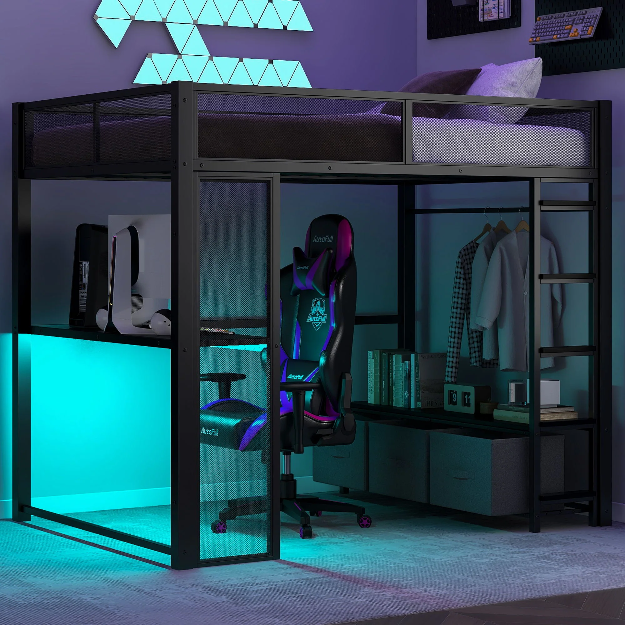 Full Size Gaming Loft Bed With LED Desk, Open Wardrobe, 3 Linen Storage Drawers - Black - Image 7