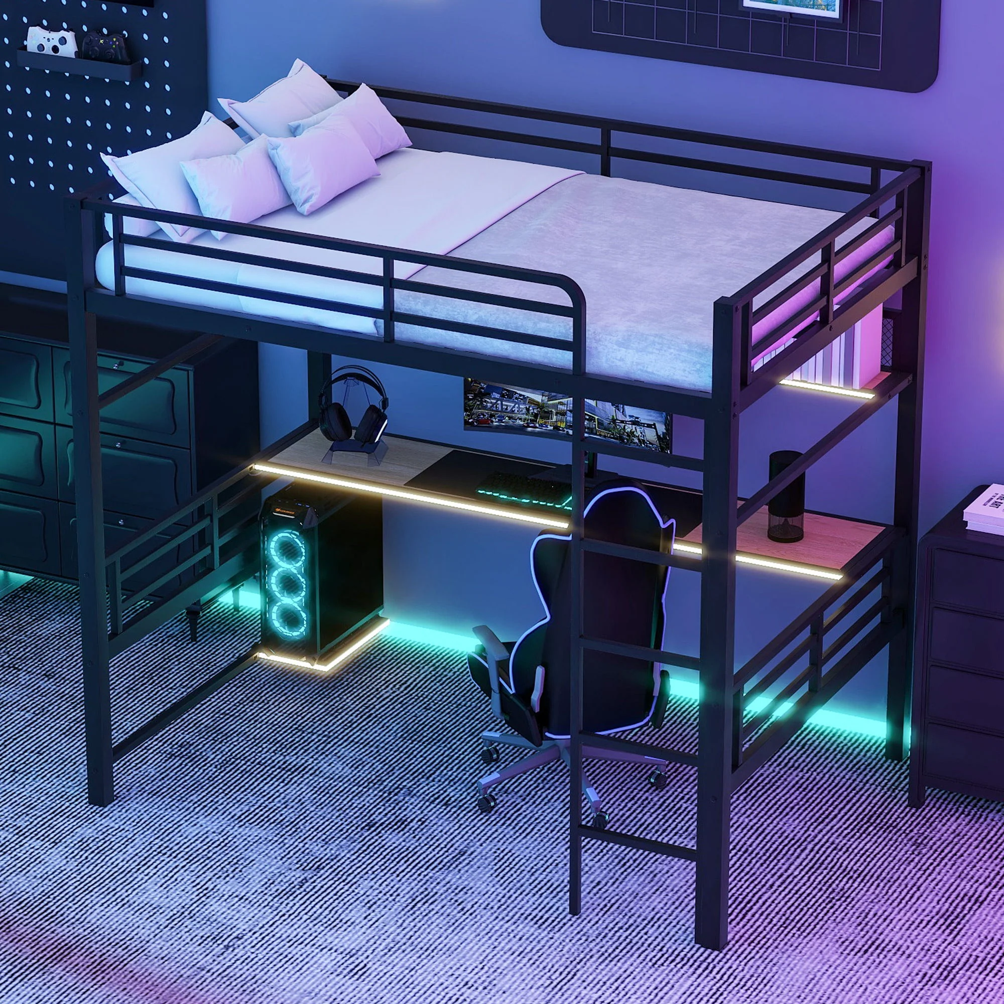 Full Size Loft Bed Frame With Storage Shelf And LED Light - Black - Image 2