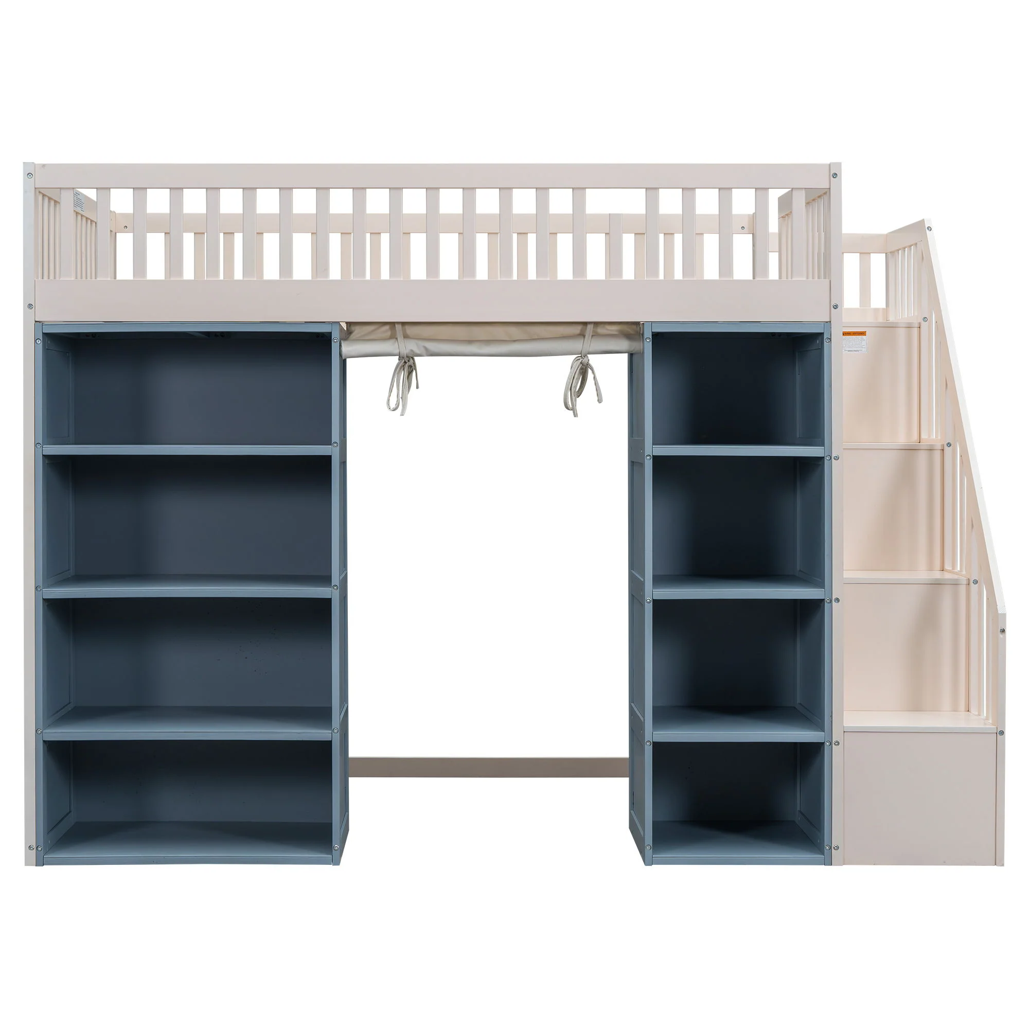 Full Size Loft Bed With 2 Four Layer Storage Cabinets And Curtain With Built In Staircase And Privacy Curtain - White - Image 2