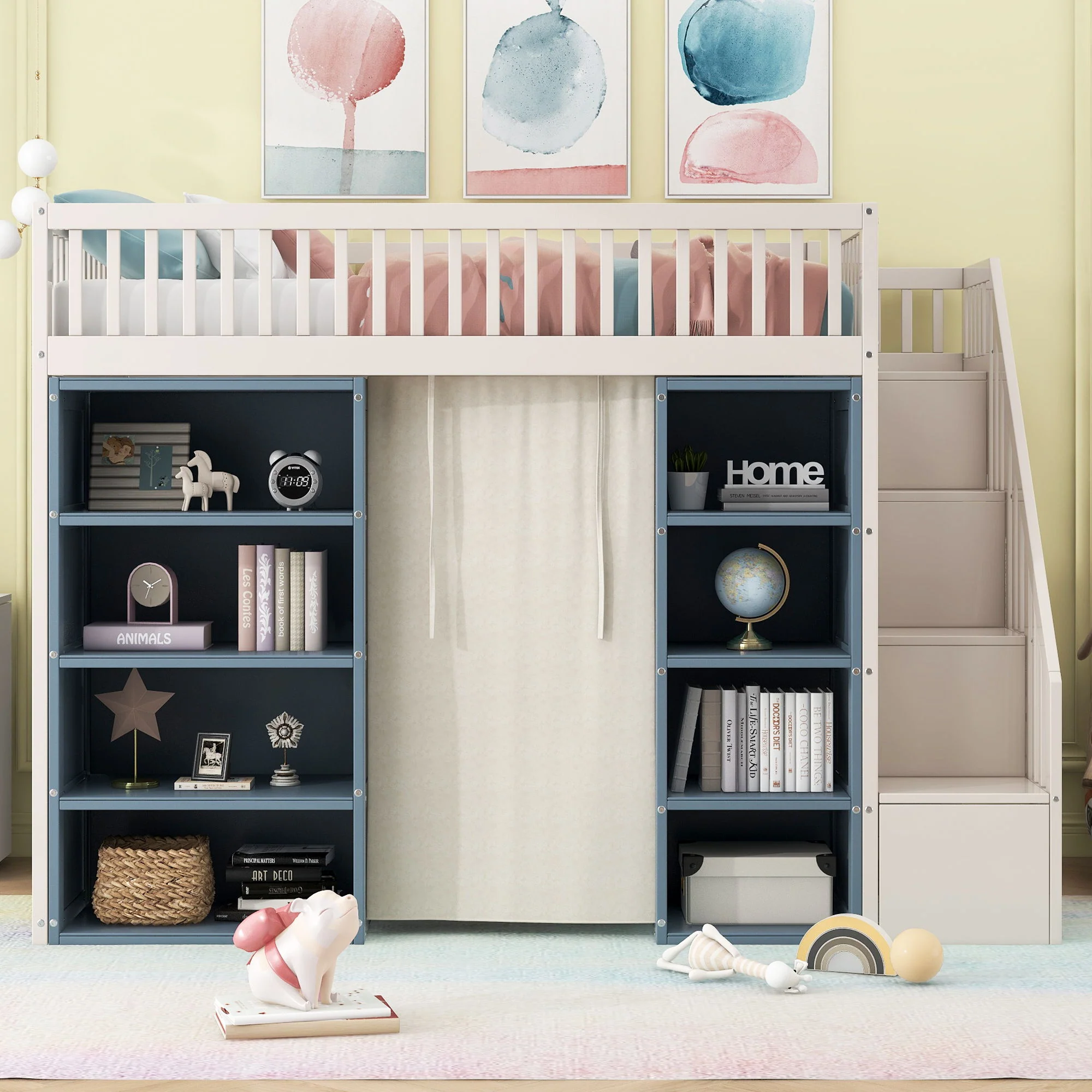 Full Size Loft Bed With 2 Four Layer Storage Cabinets And Curtain With Built In Staircase And Privacy Curtain - White - Image 6