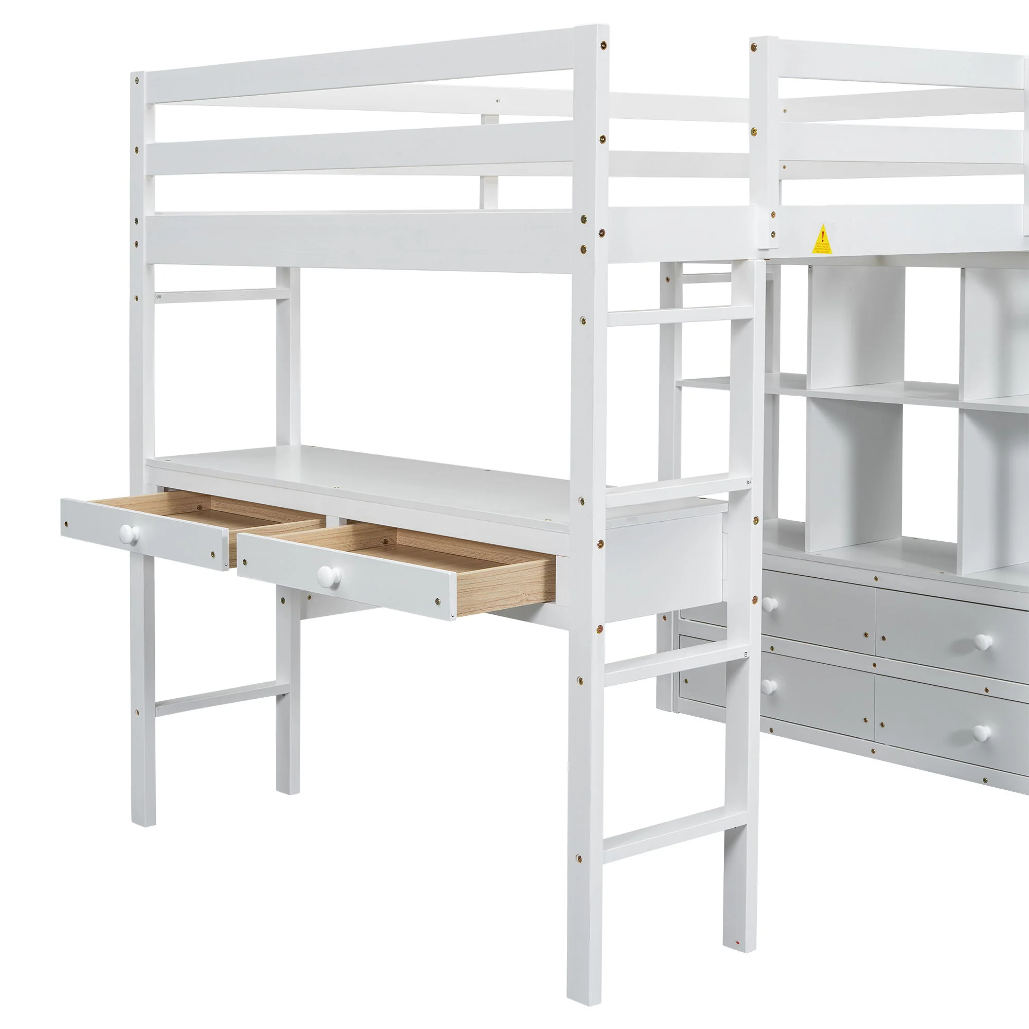 Full Size Loft Bed With Built In Desk, 2 Drawers, Storage Shelves - White - Image 3