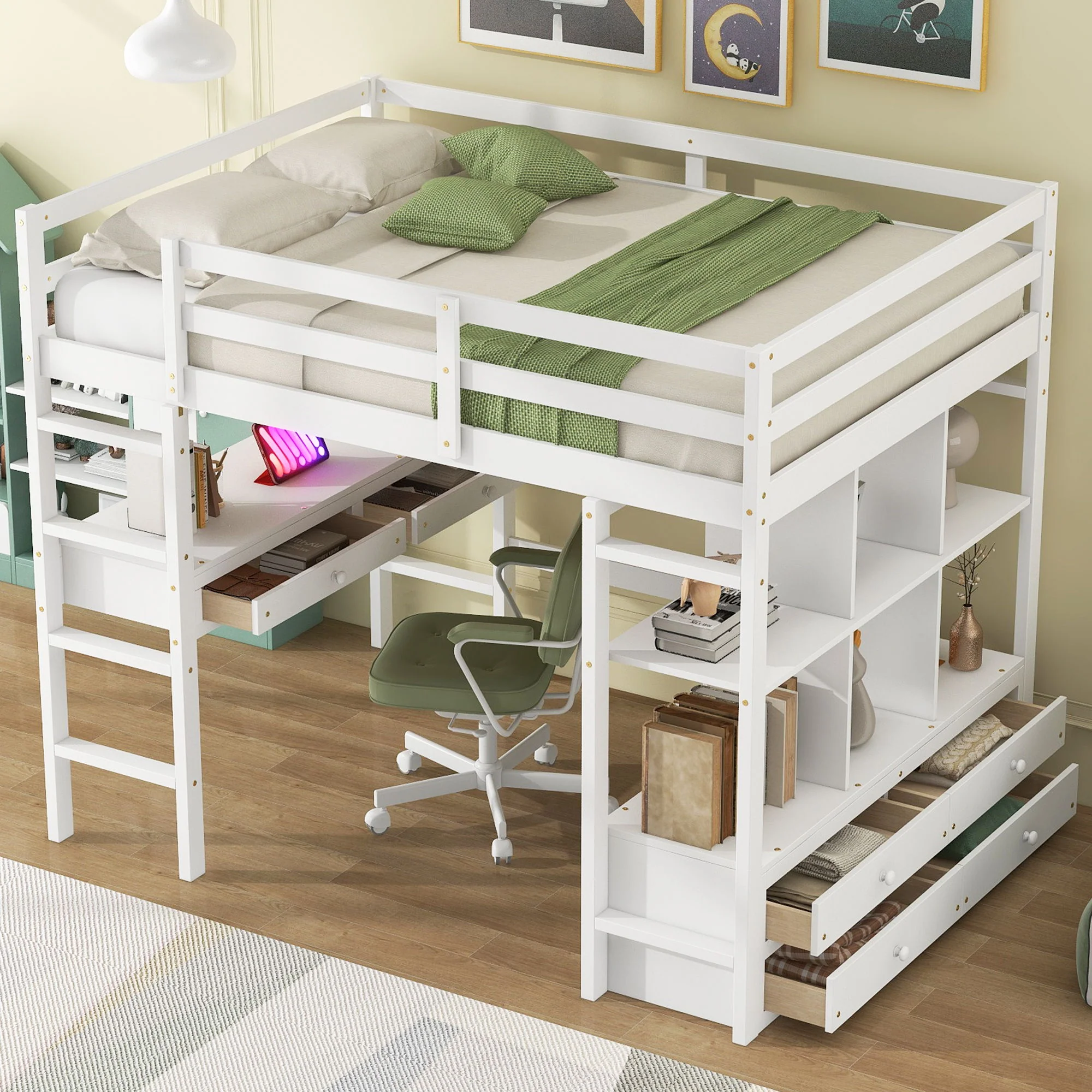 Full Size Loft Bed With Built In Desk, 2 Drawers, Storage Shelves - White - Image 4