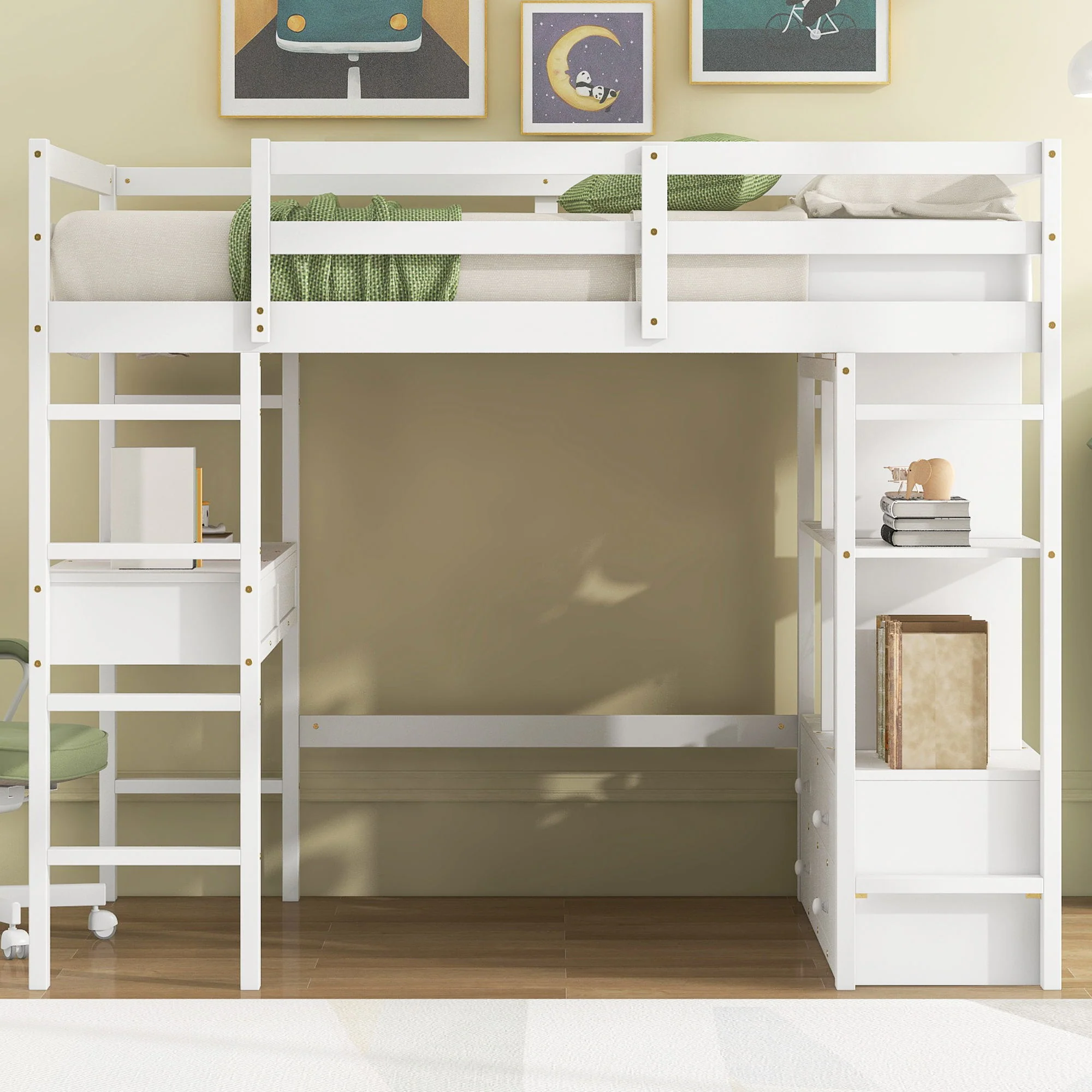 Full Size Loft Bed With Built In Desk, 2 Drawers, Storage Shelves - White - Image 7