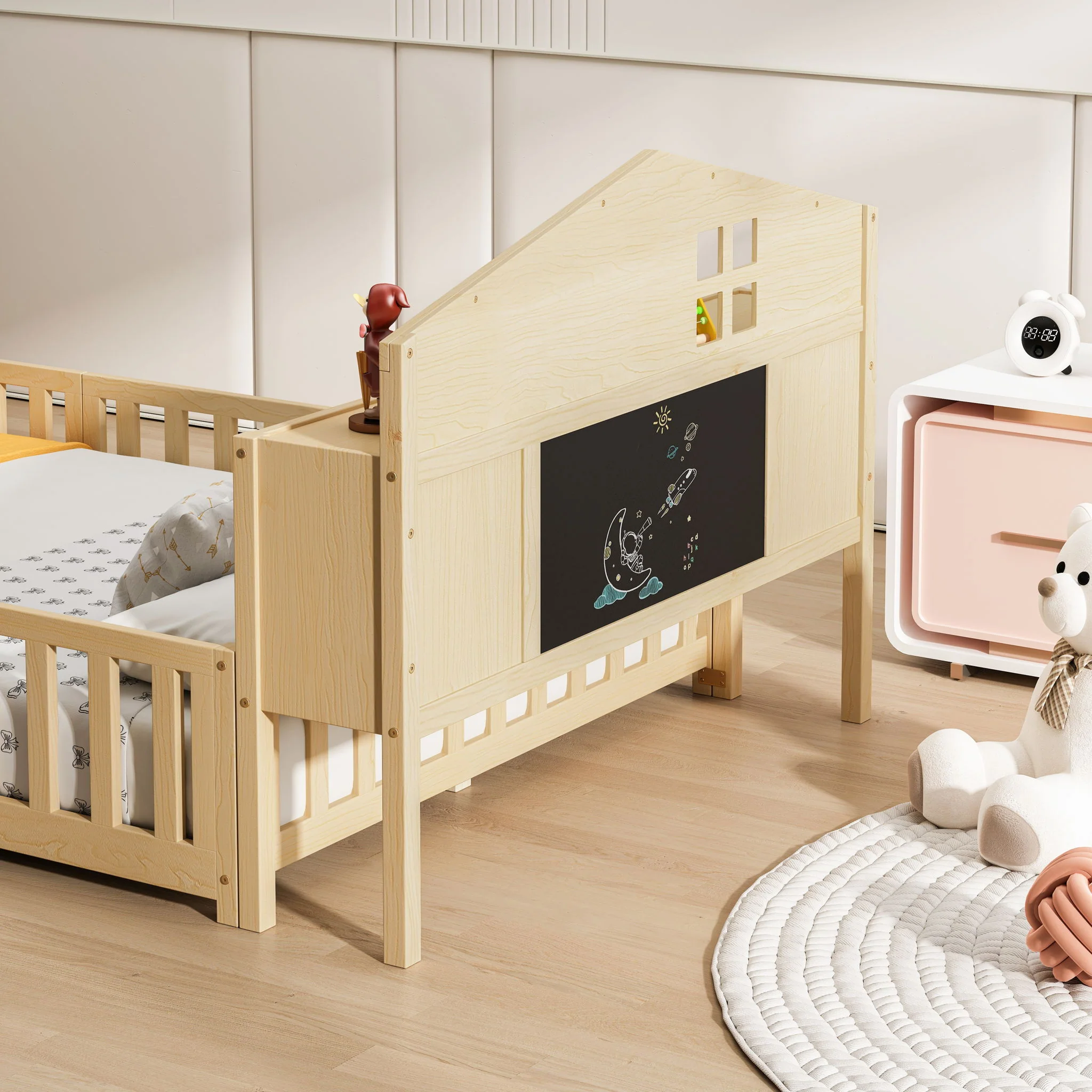 Full Size Montessori Floor Bed With Bookcases And boards, Solid Wood Platform Bed With Guard Rails And Storage Headboards - Natural - Image 5