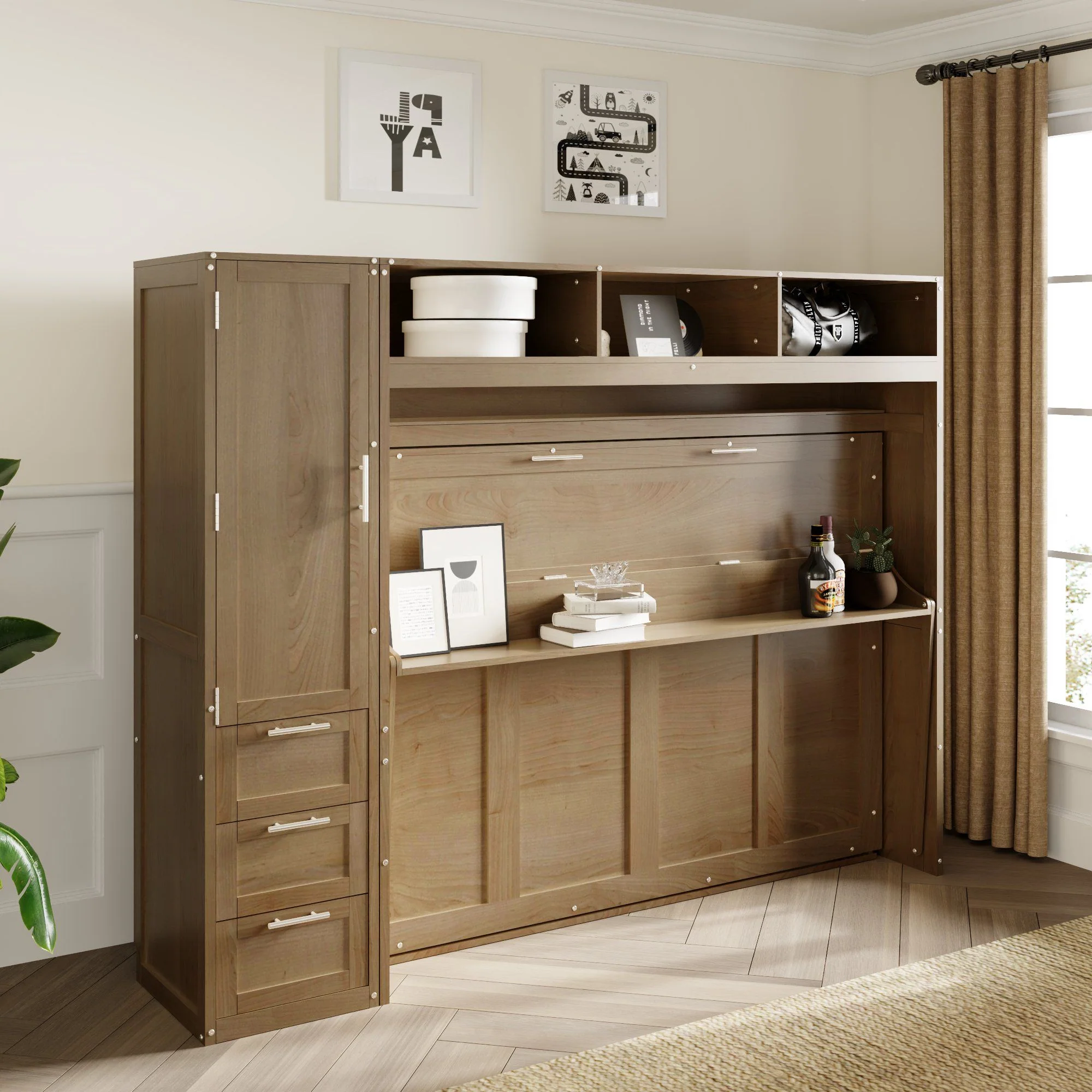 Full Size Murphy Bed With Wardrobe, Drawers, And Open Shelves - Wood - Image 2